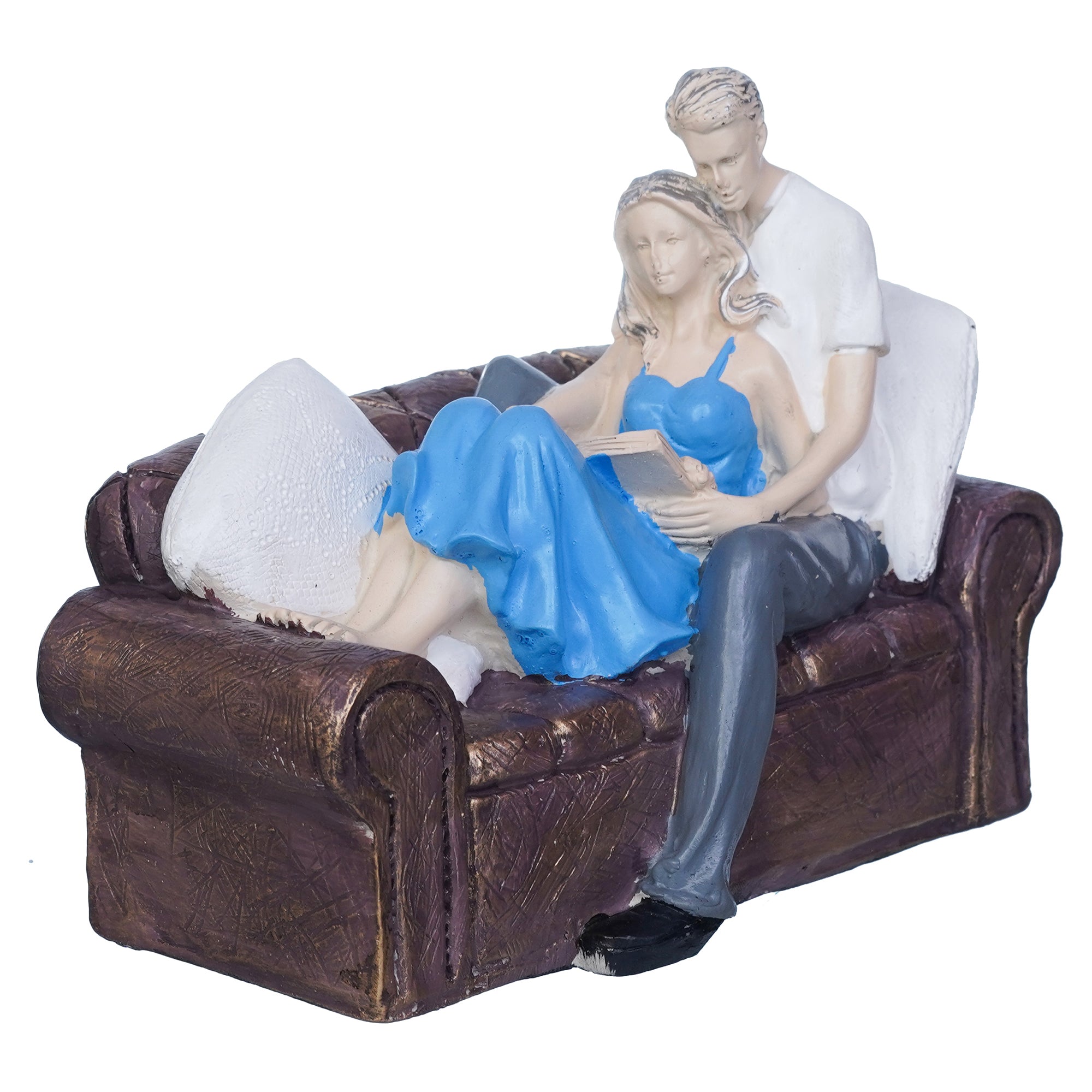 Romantic Couple Statue Sitting on Sofa and Reading Book Decorative Showpiece 6