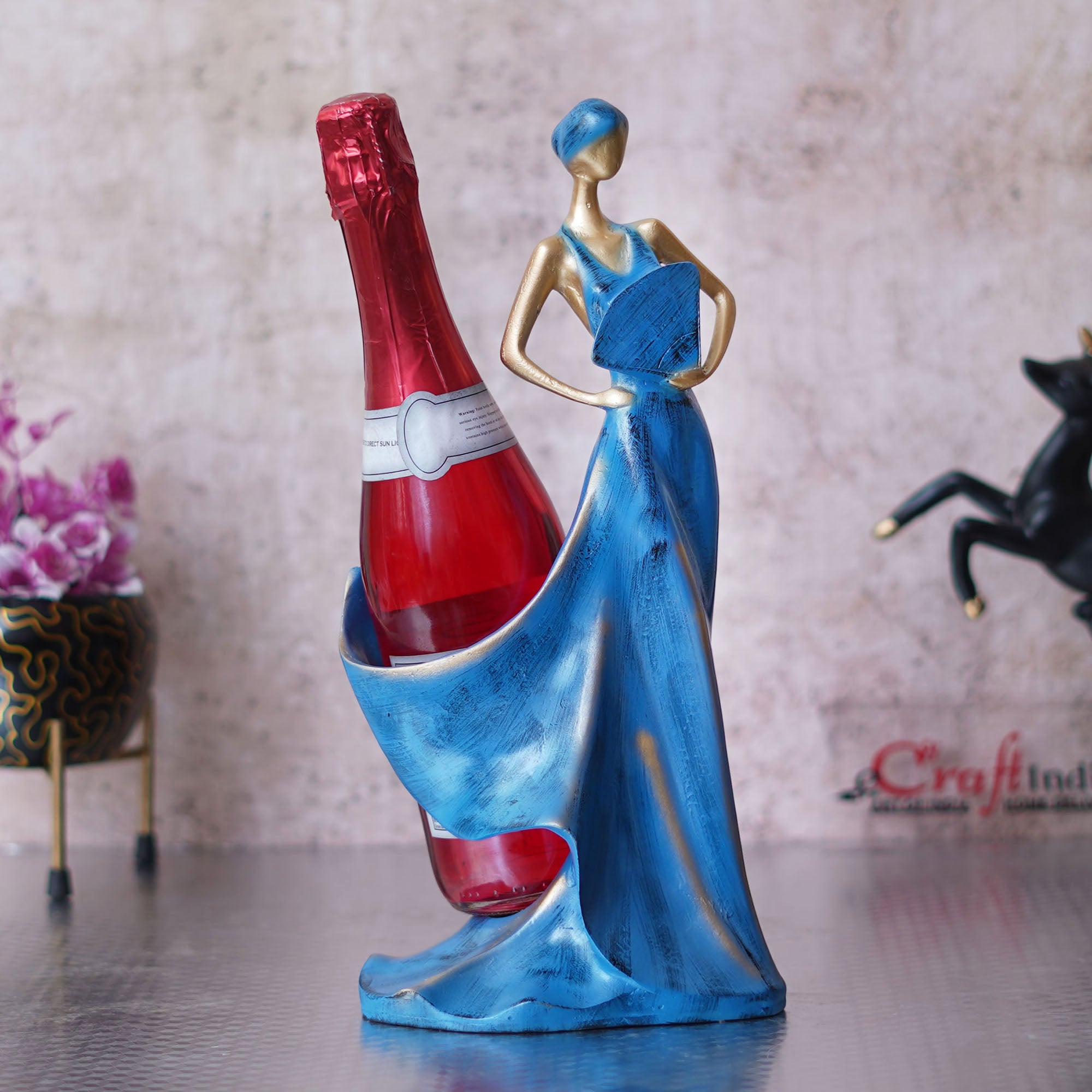 Blue & Golden Polyresin Fashion Beauty Lady Statue Wine Bottle Holder Decorative Showpiece 1