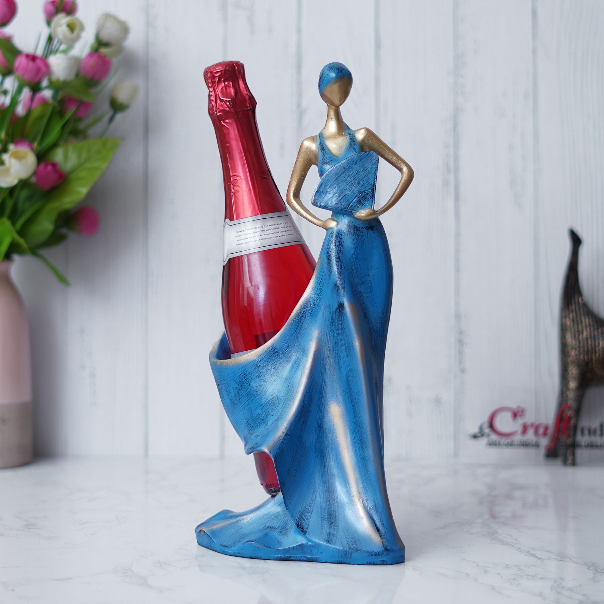 Blue & Golden Polyresin Fashion Beauty Lady Statue Wine Bottle Holder Decorative Showpiece