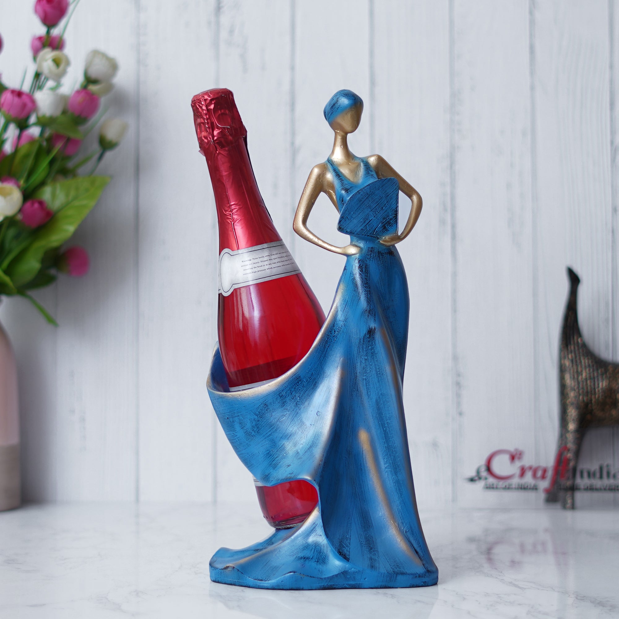 Blue & Golden Polyresin Fashion Beauty Lady Statue Wine Bottle Holder Decorative Showpiece 4