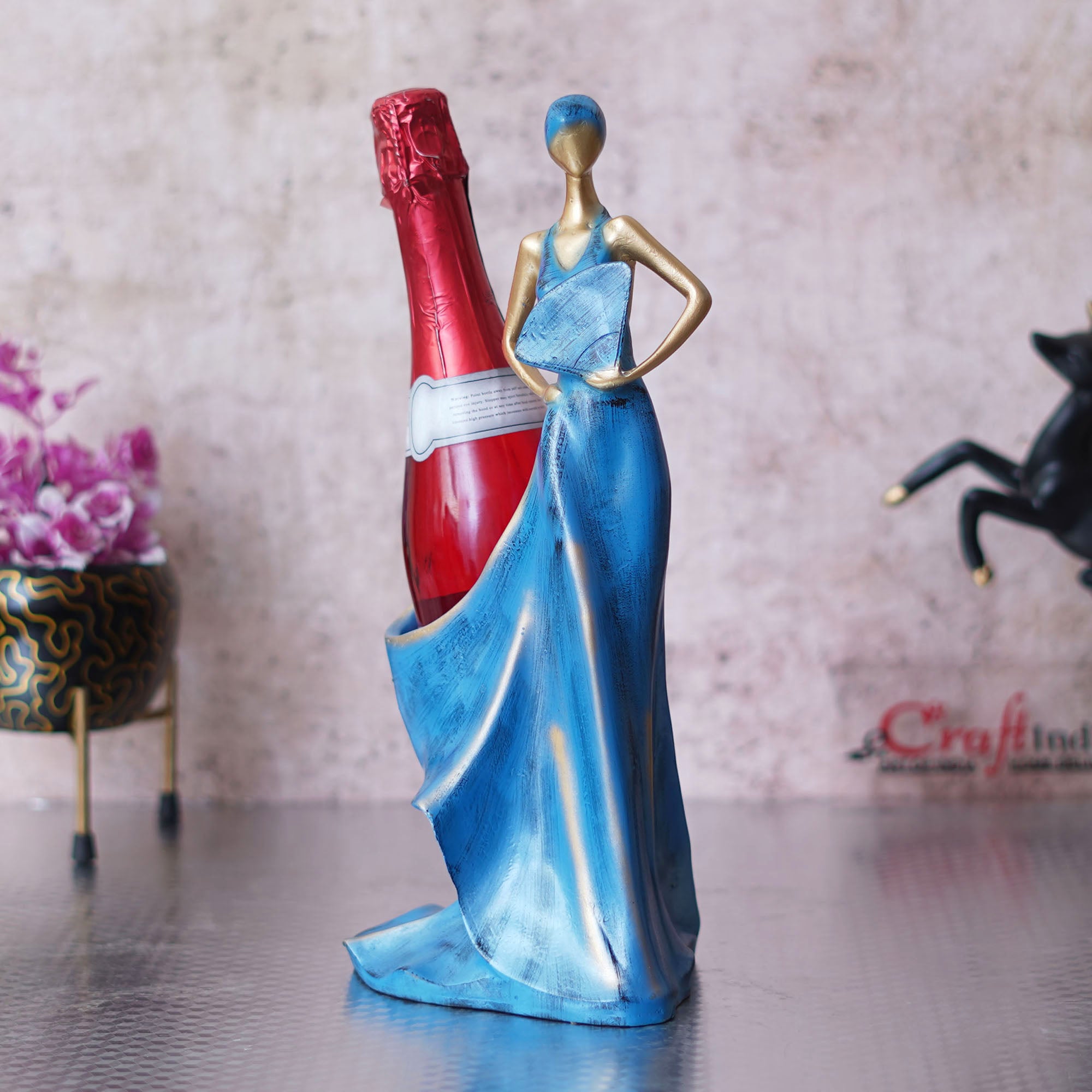 Blue & Golden Polyresin Fashion Beauty Lady Statue Wine Bottle Holder Decorative Showpiece 5