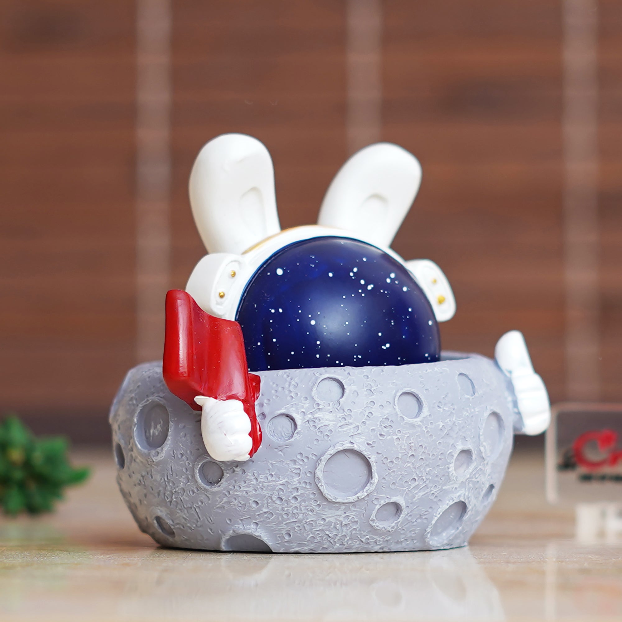 Rabbit Astronaut Miniature statue on Moon shaking head with Red Flag Decorative Showpiece 4