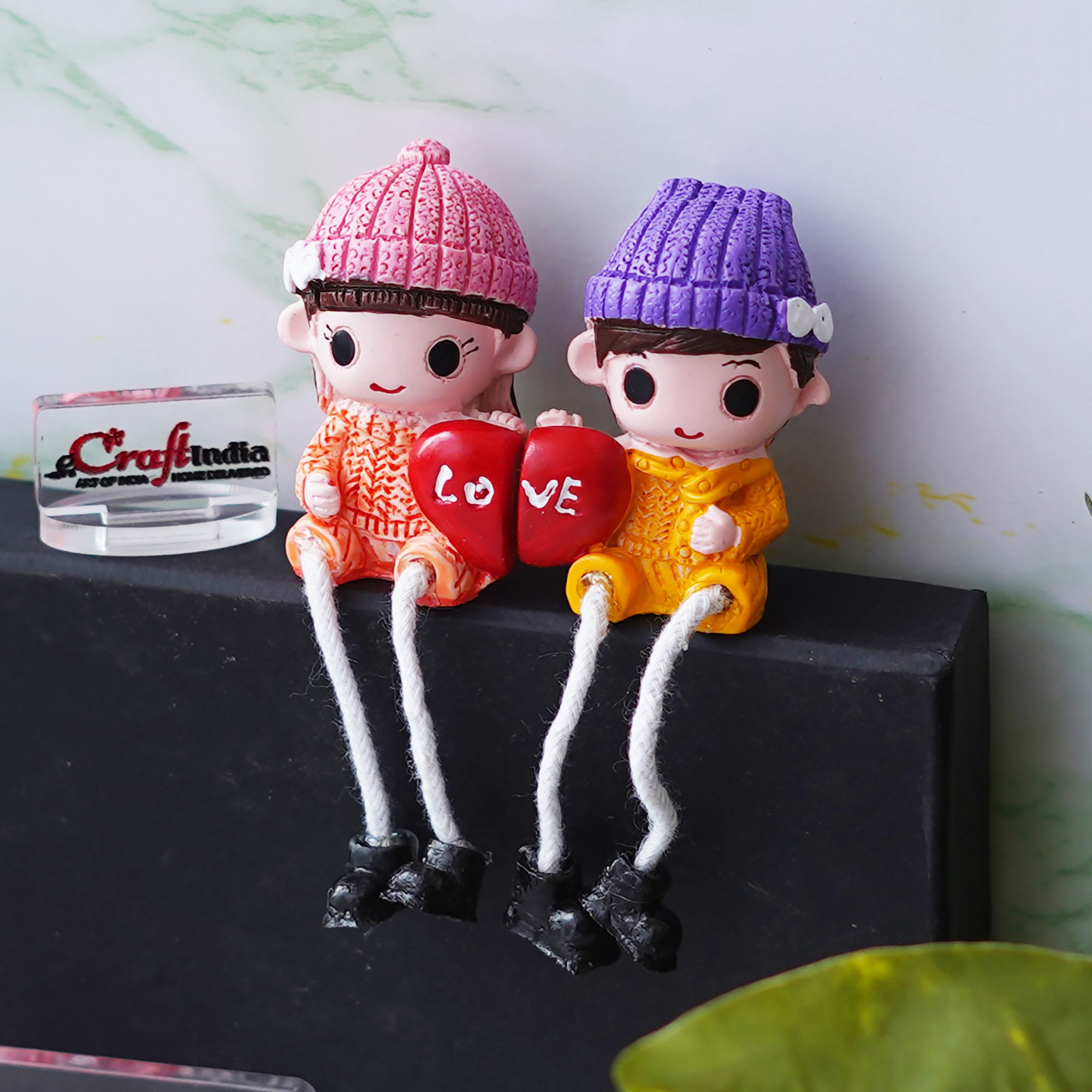 Cute Boy and Girl Doll Sitting Couple Statue Holding Heart "Love" Decorative Showpiece