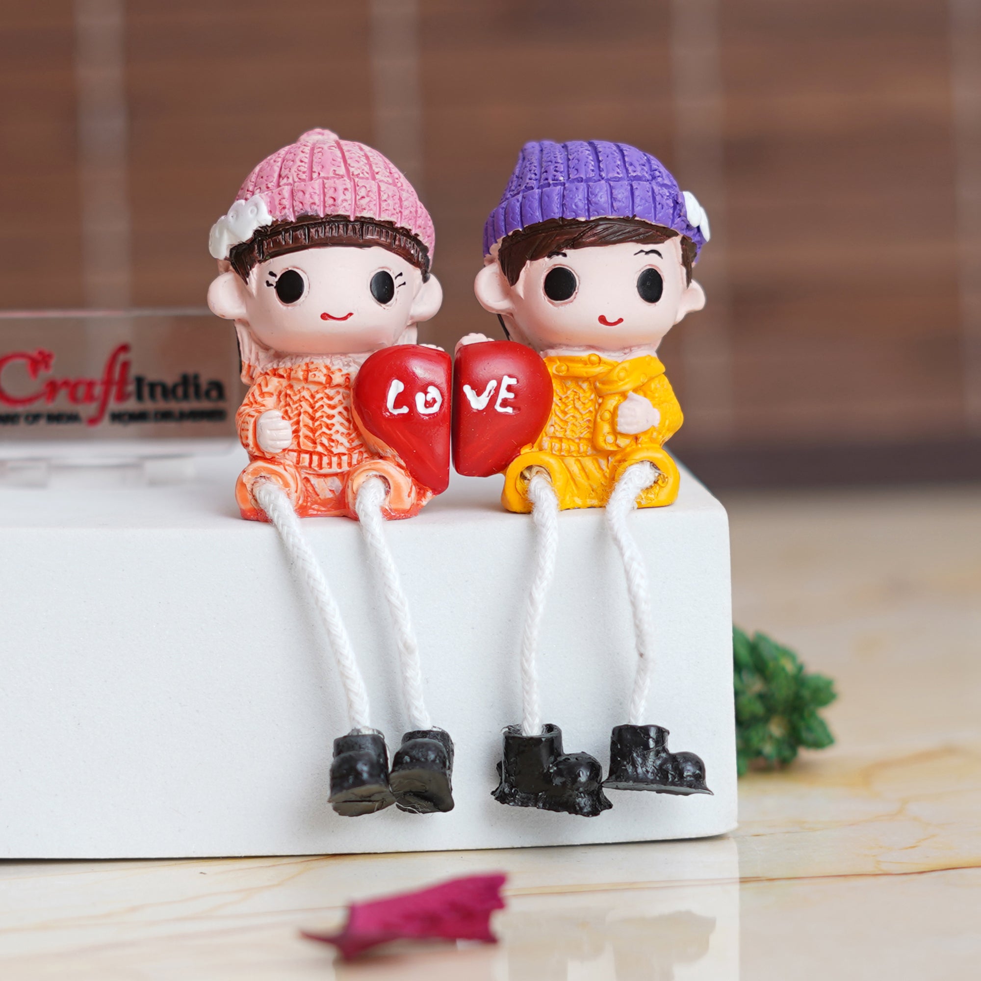 Cute Boy and Girl Doll Sitting Couple Statue Holding Heart "Love" Decorative Showpiece 5