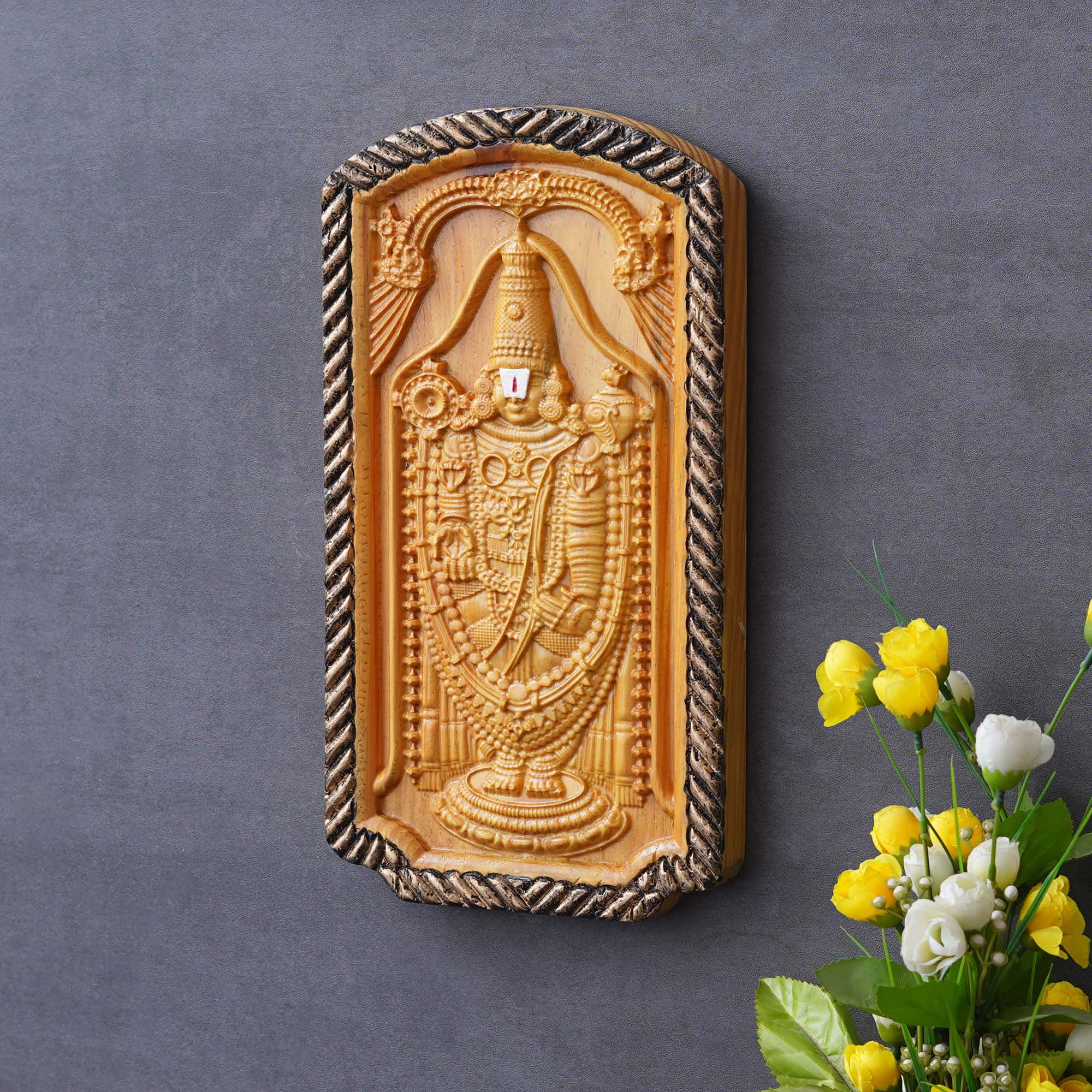 Golden Wooden Handcrafted God Tirupati Balaji Religious Wall Hanging