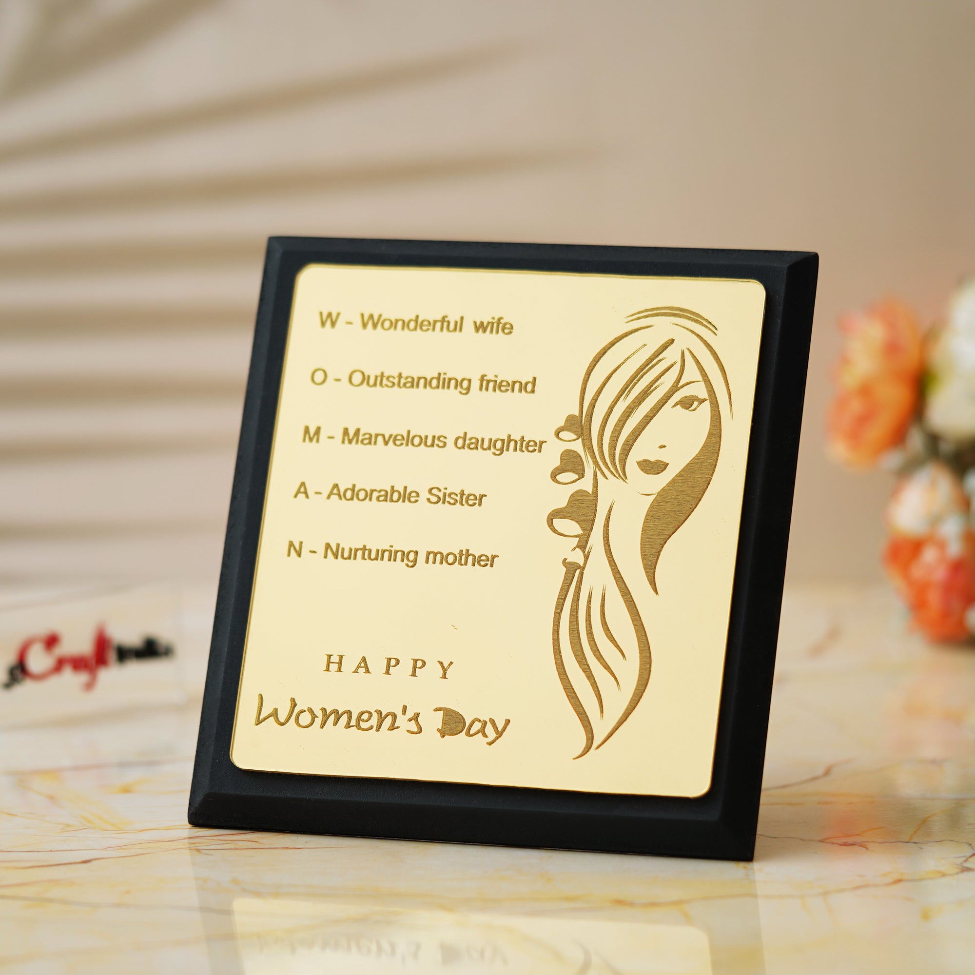 Brown "Happy Women's Day" Tabletop Wooden Decorative Showpiece