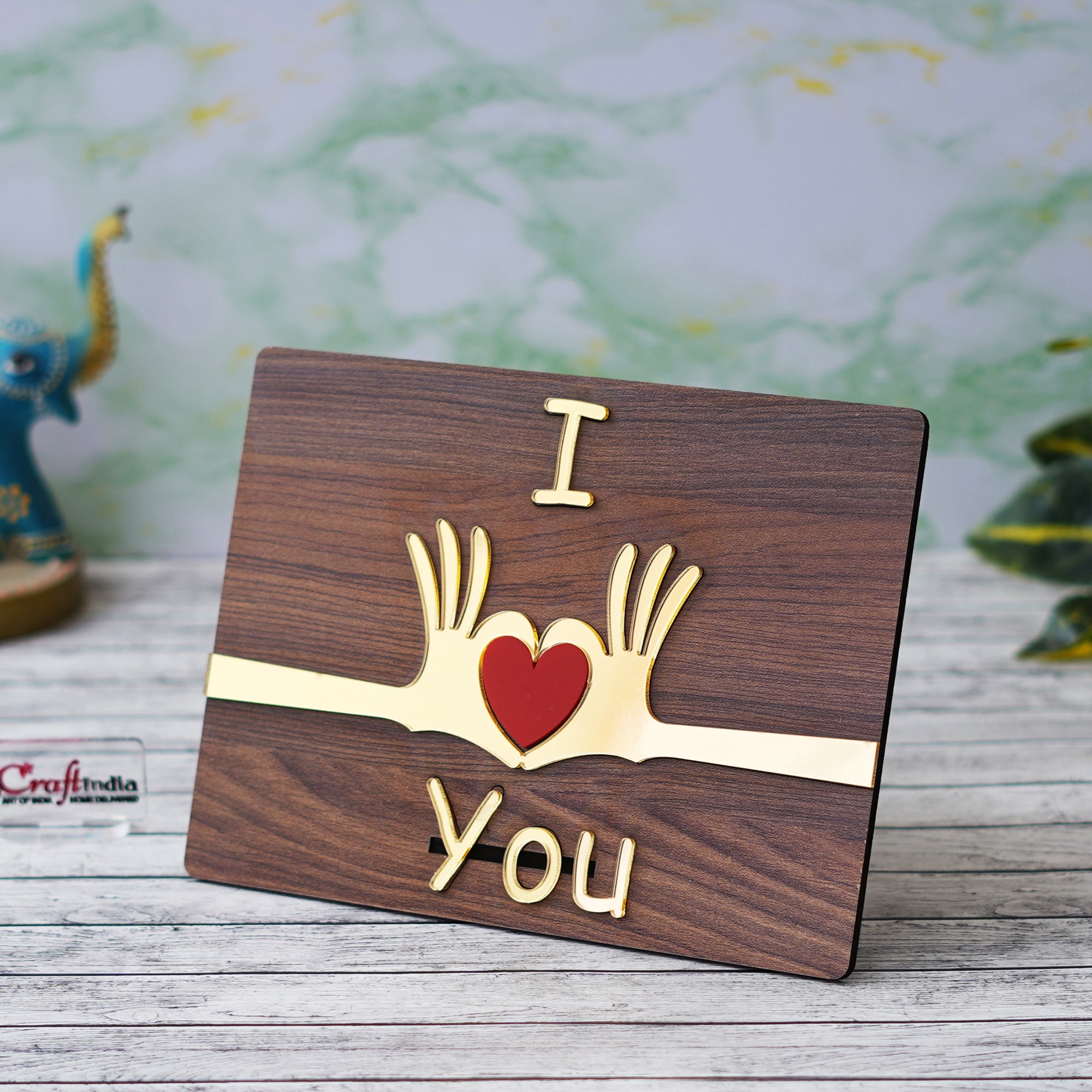 Brown & Red "I Love You" Wooden Decorative Showpiece 1