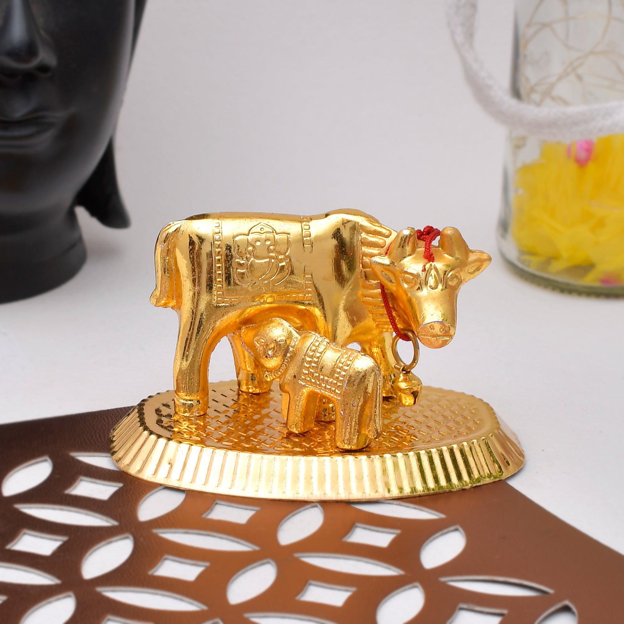 Golden Kamdhenu Cow & Calf Metal Statue 3