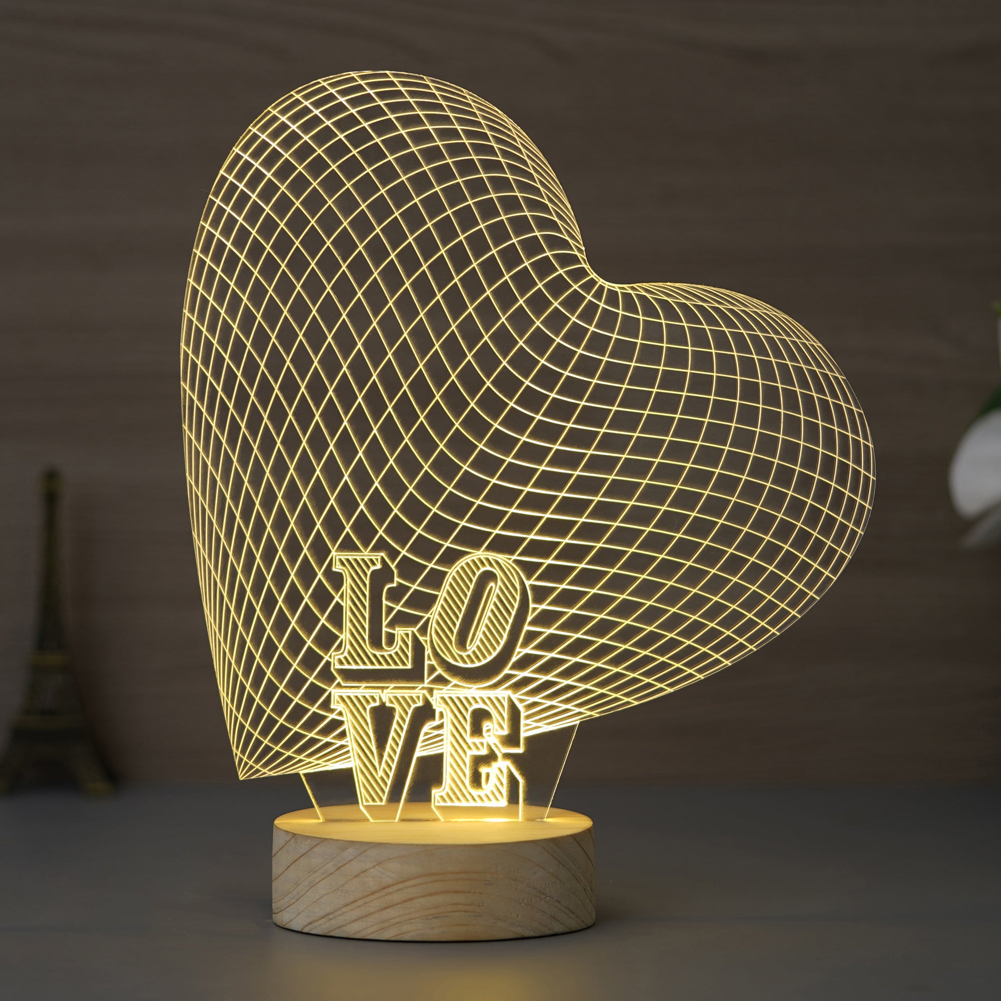 Love Heart Design Carved on Acrylic & Wood Base Night Lamp