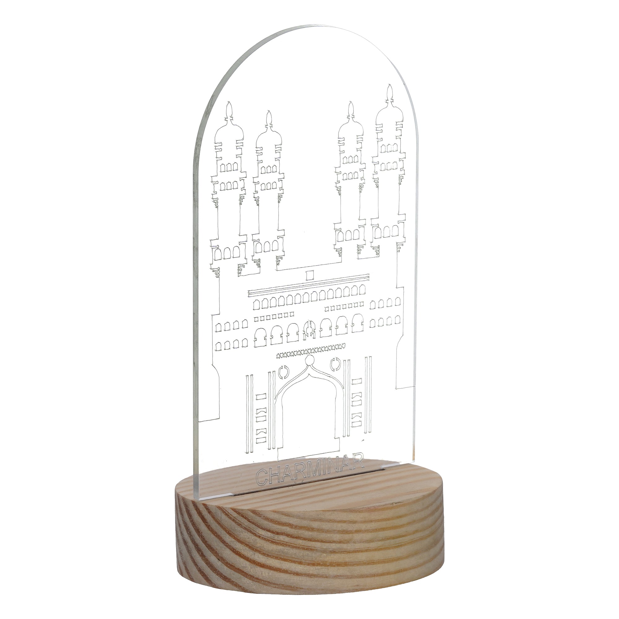 eCraftIndia Acrylic & Wooden Base Light Blue Charminar Design Decorated Table Night Lamp With Rechargeable Battery 2