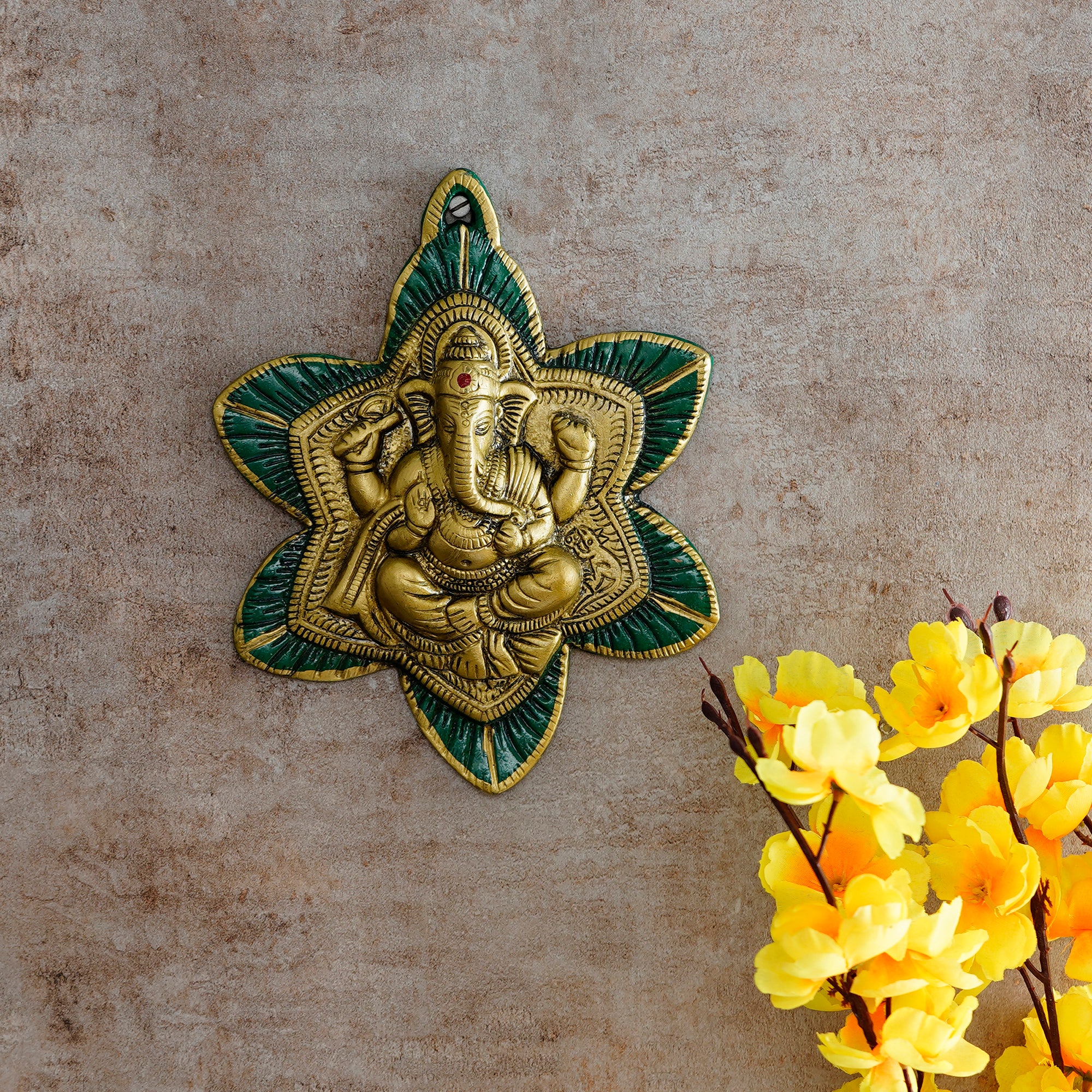 Golden Lord Ganesha Idol On Green Leaf Metal Wall Hanging 1