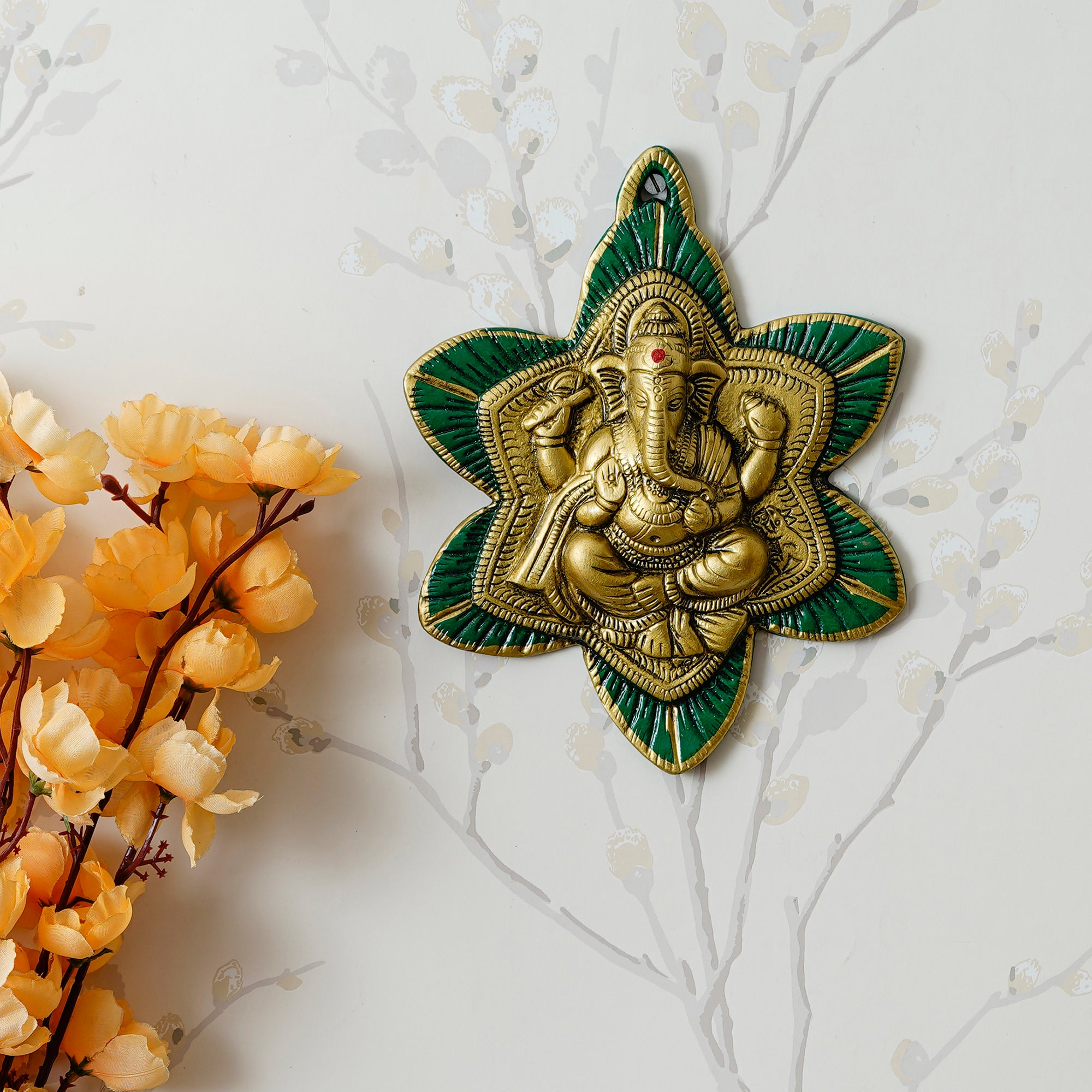 Golden Lord Ganesha Idol On Green Leaf Metal Wall Hanging