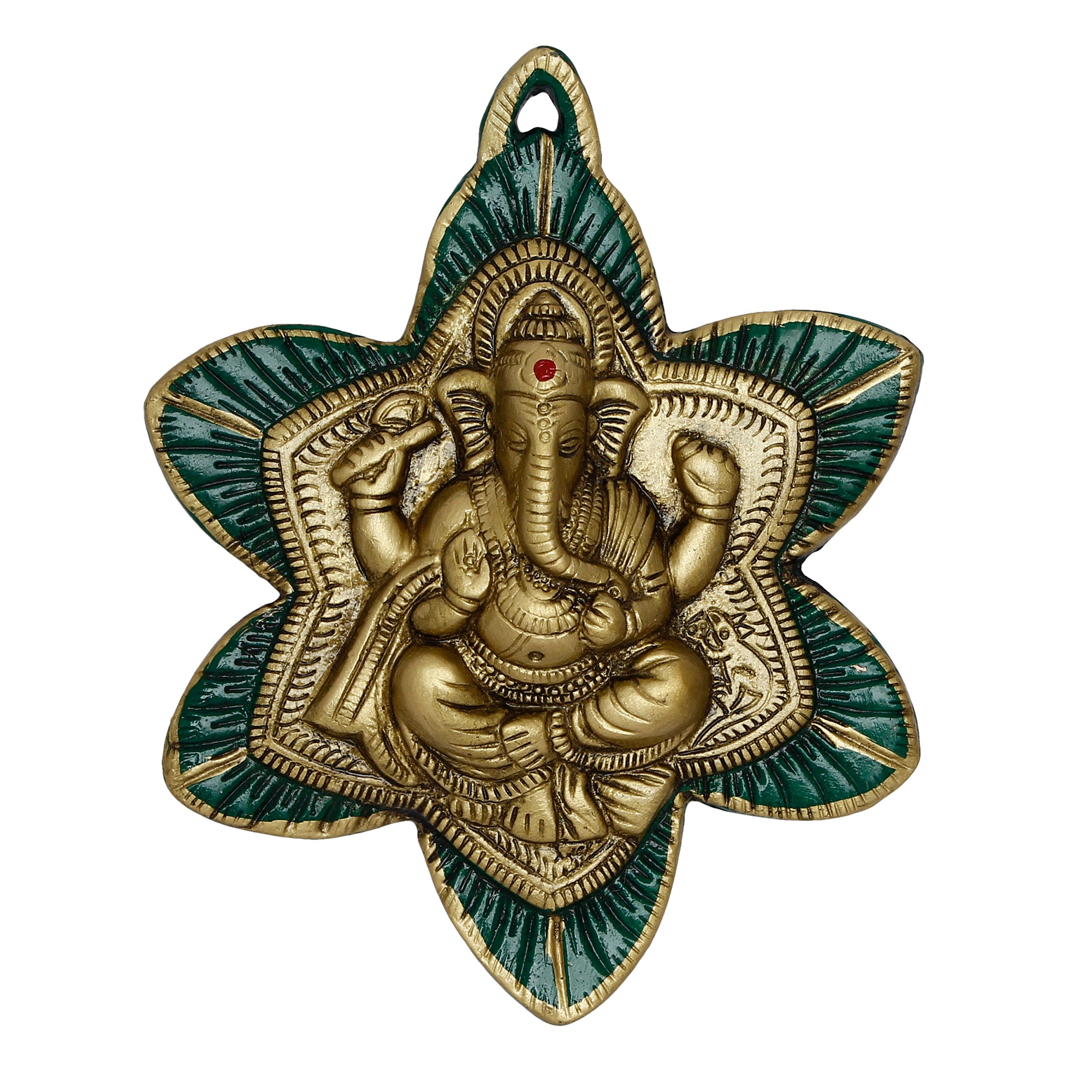 Golden Lord Ganesha Idol On Green Leaf Metal Wall Hanging 2