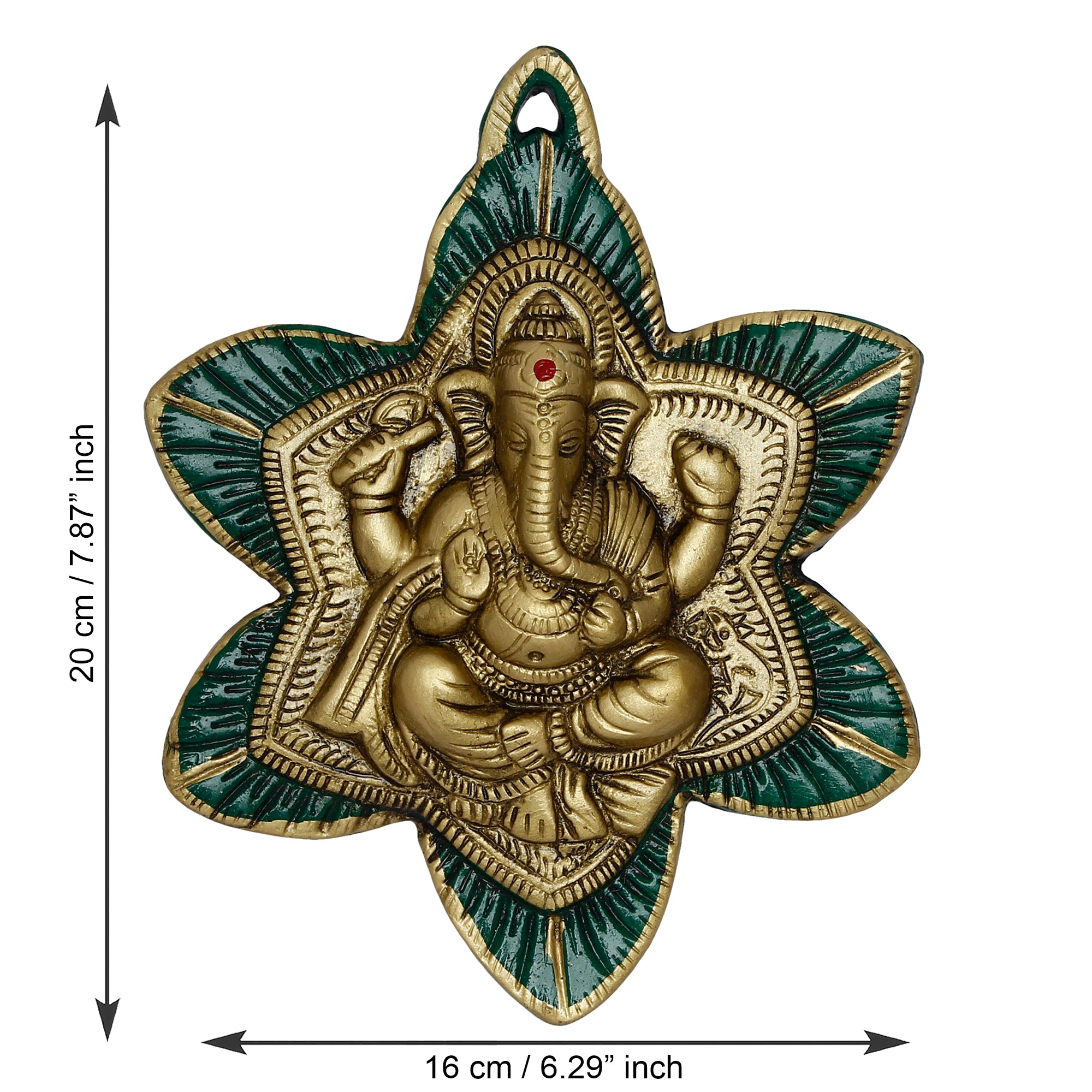 Golden Lord Ganesha Idol On Green Leaf Metal Wall Hanging 3