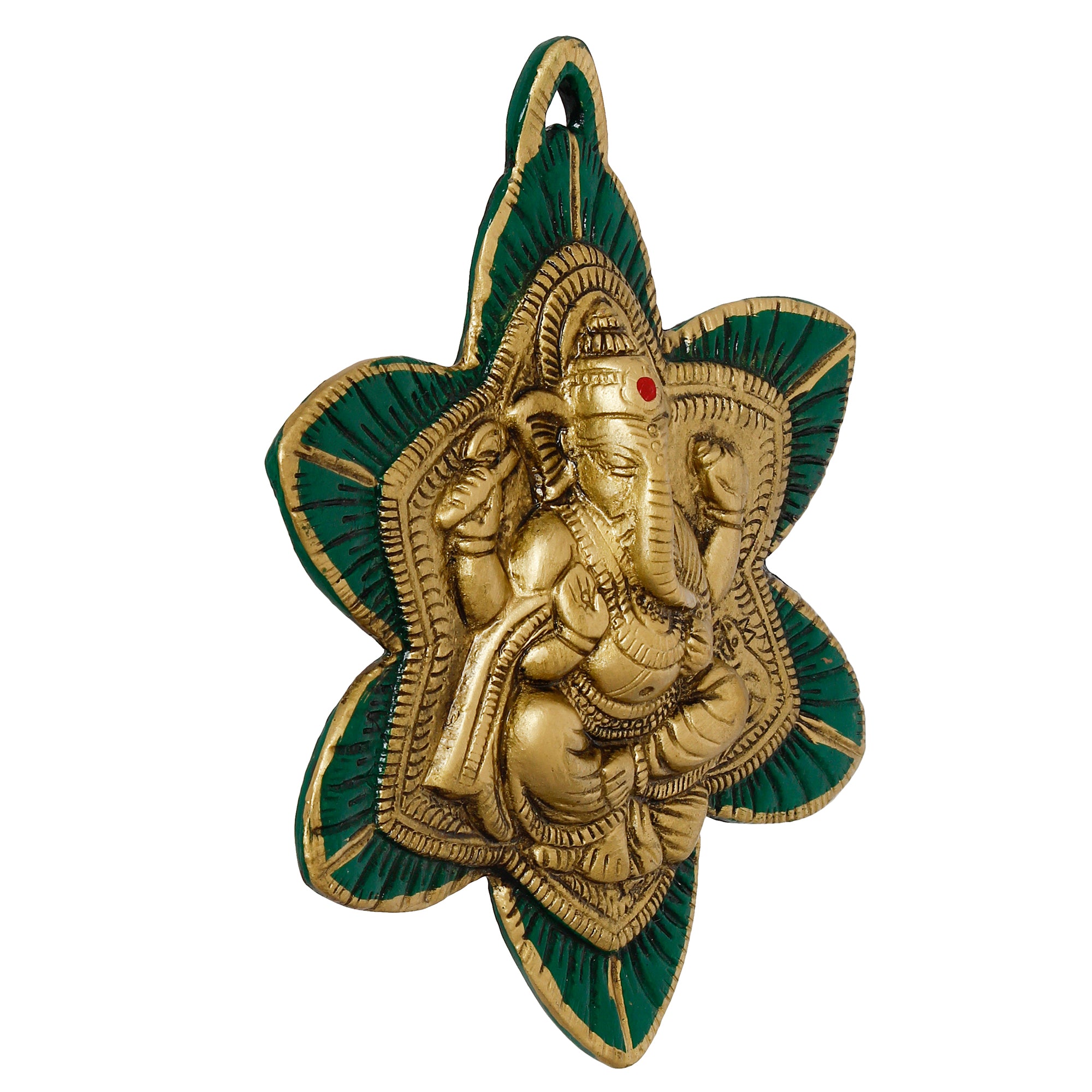 Golden Lord Ganesha Idol On Green Leaf Metal Wall Hanging 4