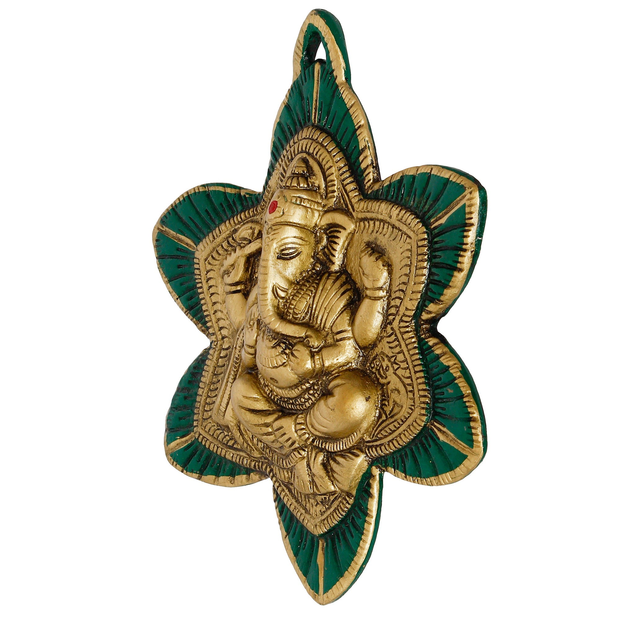 Golden Lord Ganesha Idol On Green Leaf Metal Wall Hanging 5