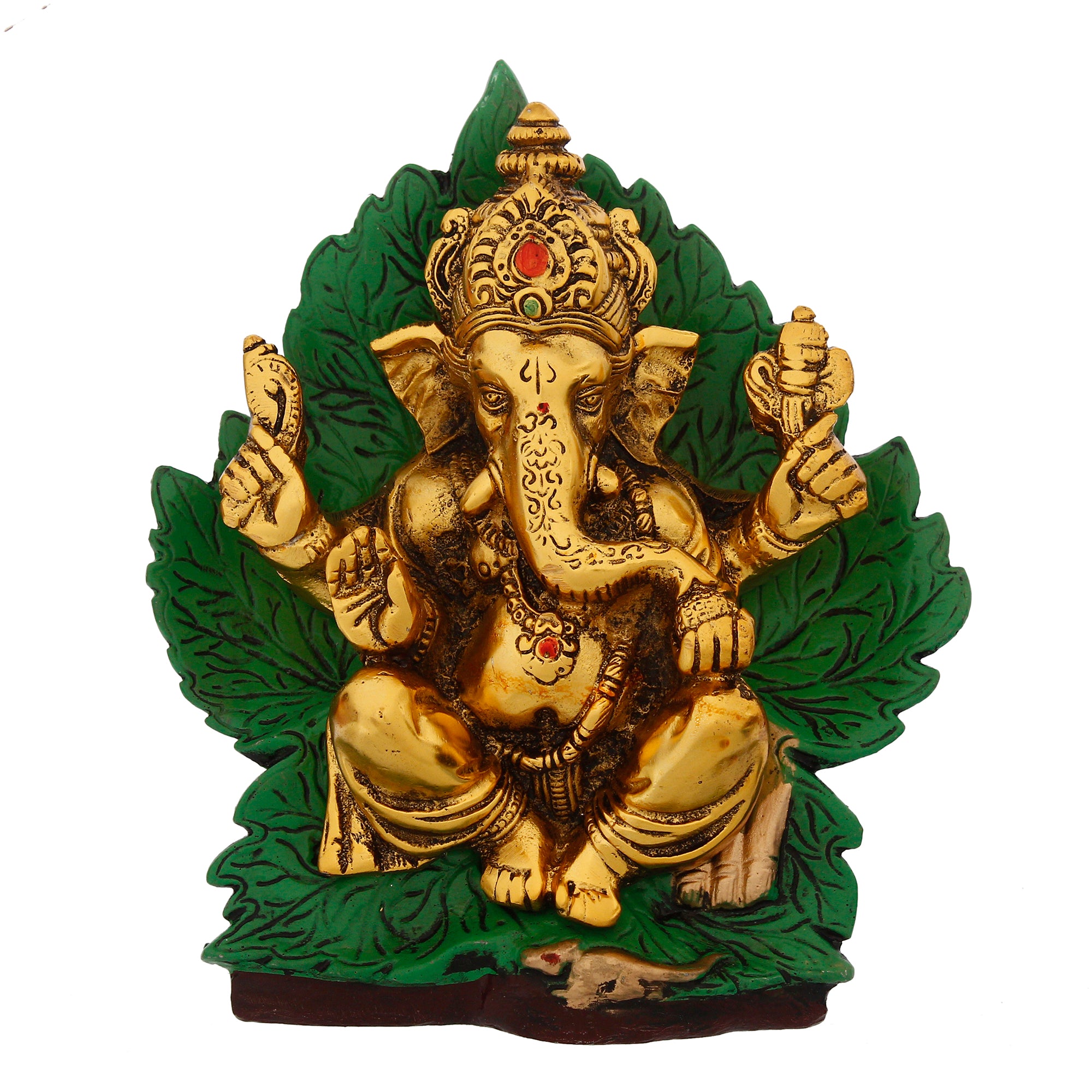 Golden Metal Lord Ganesha Idol Sitting on Green Throne 2