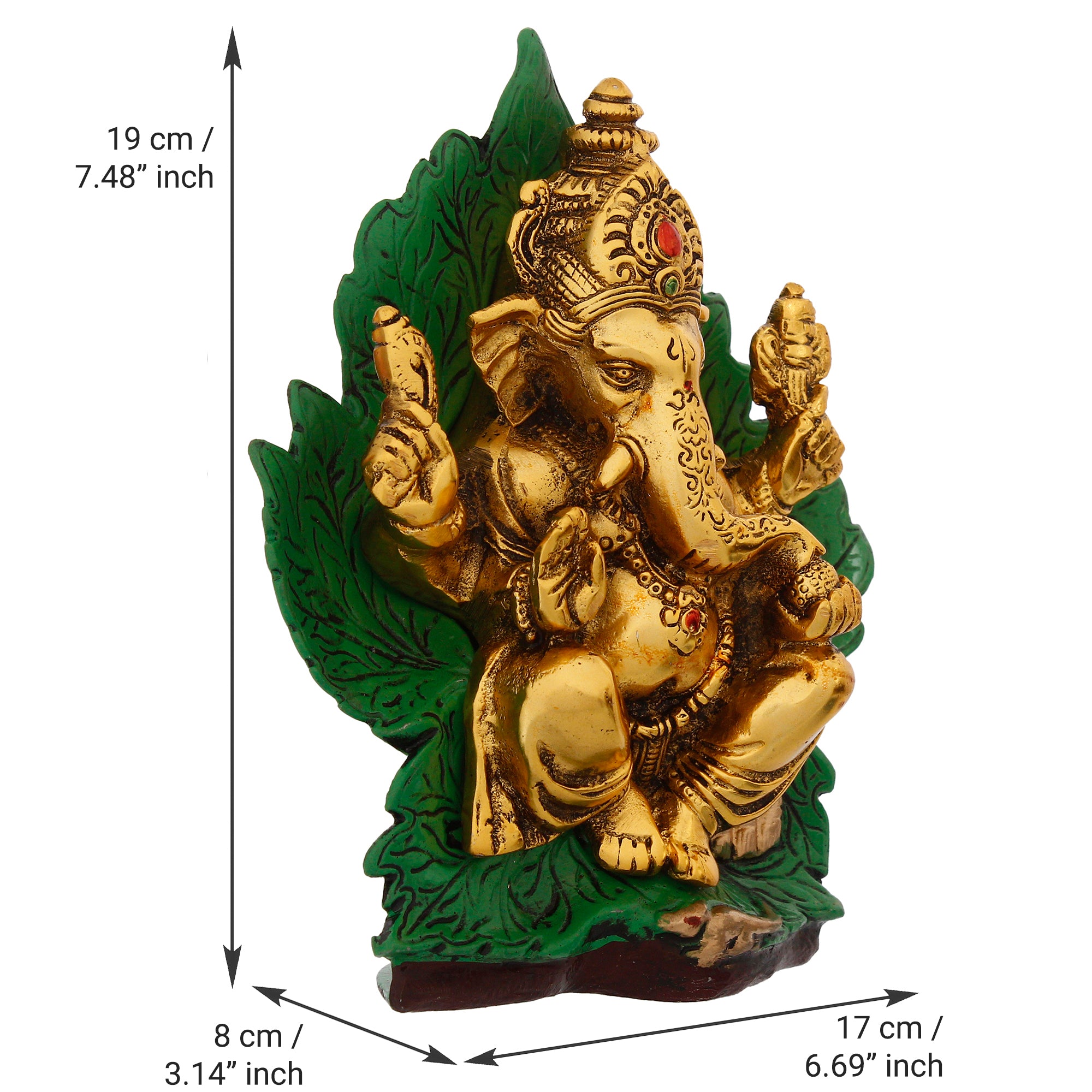 Golden Metal Lord Ganesha Idol Sitting on Green Throne 3