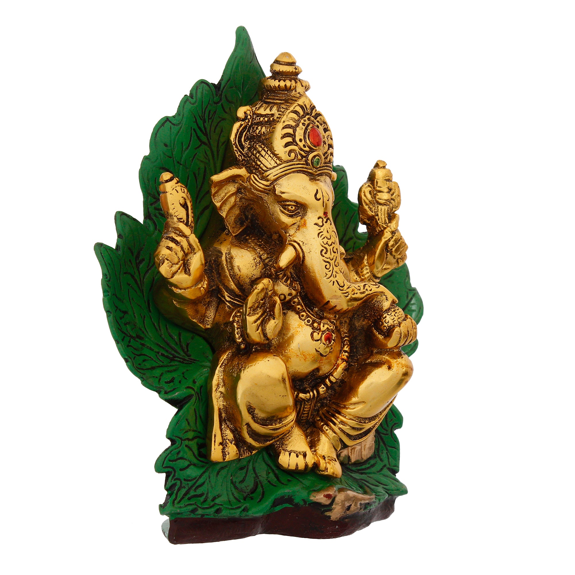 Golden Metal Lord Ganesha Idol Sitting on Green Throne 4