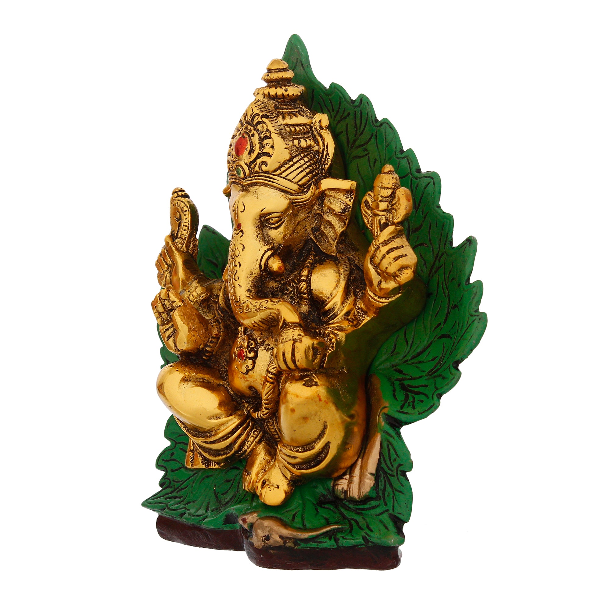 Golden Metal Lord Ganesha Idol Sitting on Green Throne 5