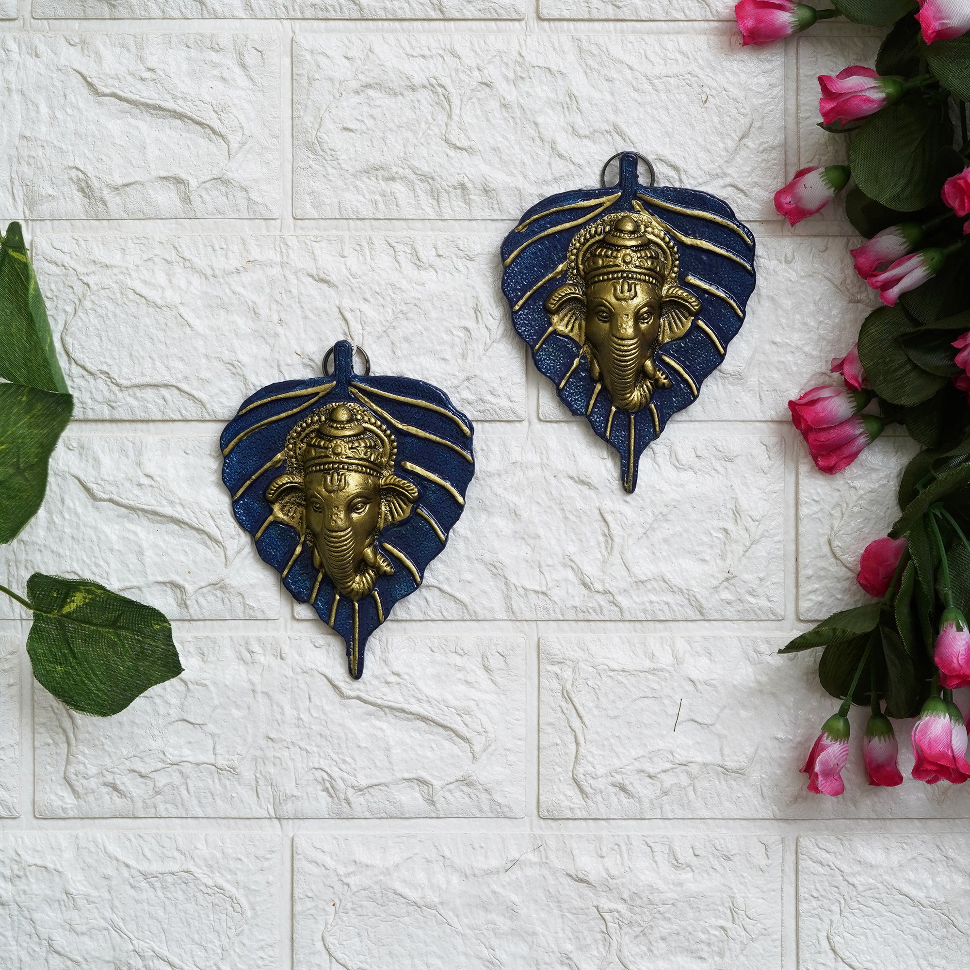 eCraftIndia Set of 2 Golden and Blue Peepal Leaf Ganesha Wall Hangings