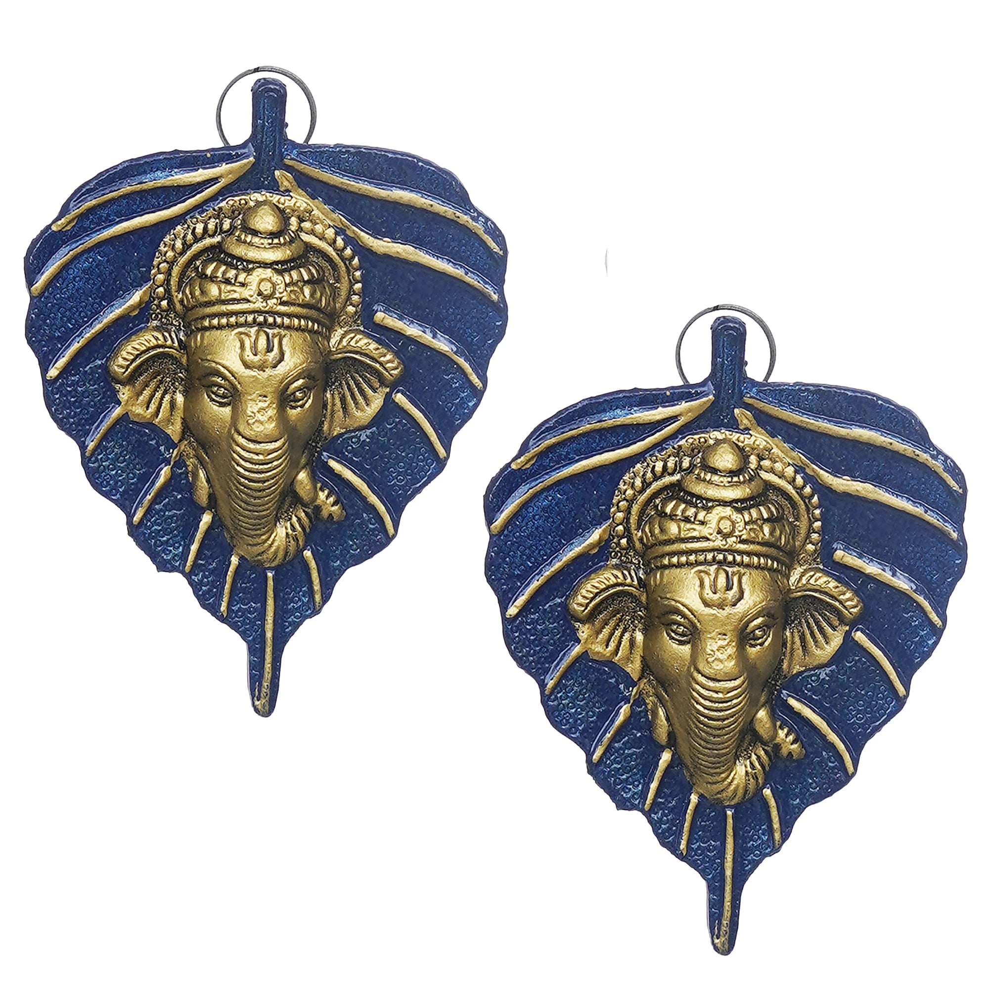 eCraftIndia Set of 2 Golden and Blue Peepal Leaf Ganesha Wall Hangings 2