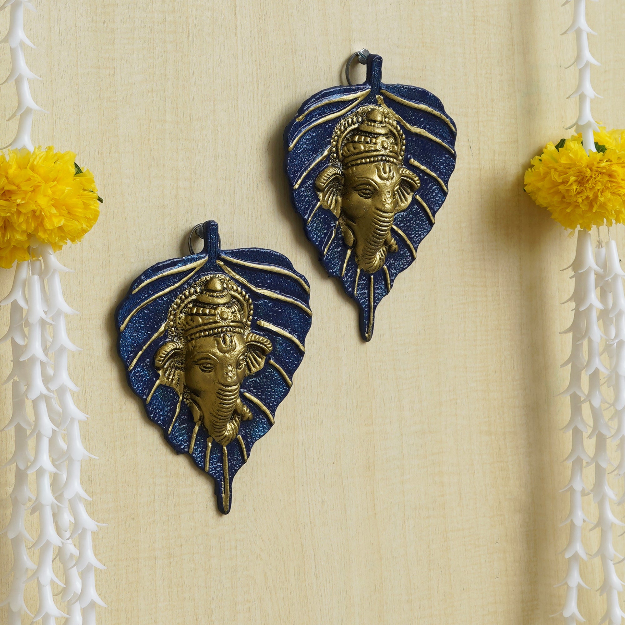 eCraftIndia Set of 2 Golden and Blue Peepal Leaf Ganesha Wall Hangings 4