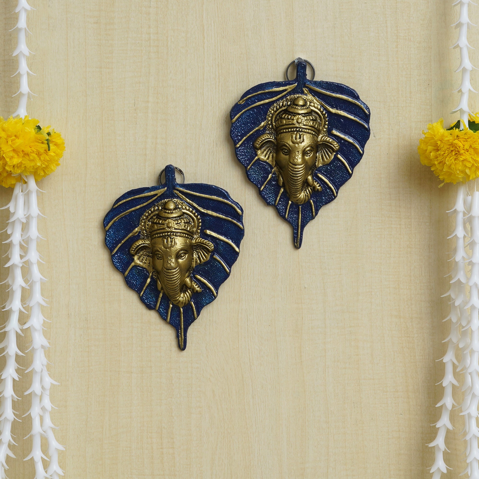 eCraftIndia Set of 2 Golden and Blue Peepal Leaf Ganesha Wall Hangings 5