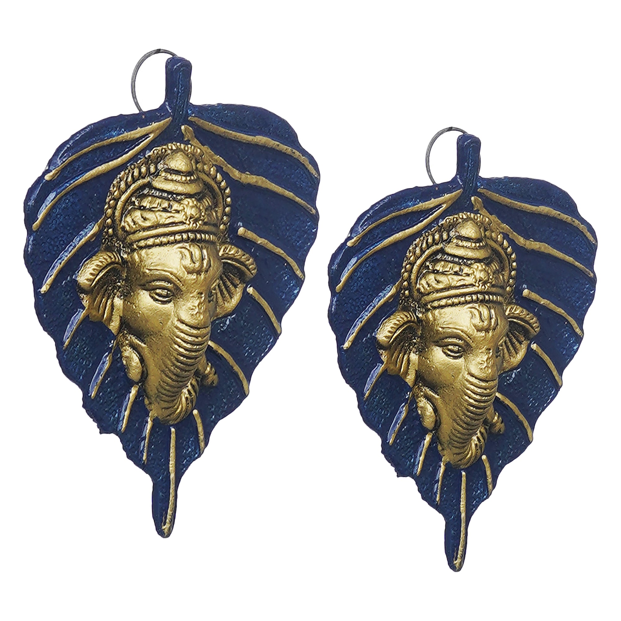 eCraftIndia Set of 2 Golden and Blue Peepal Leaf Ganesha Wall Hangings 6