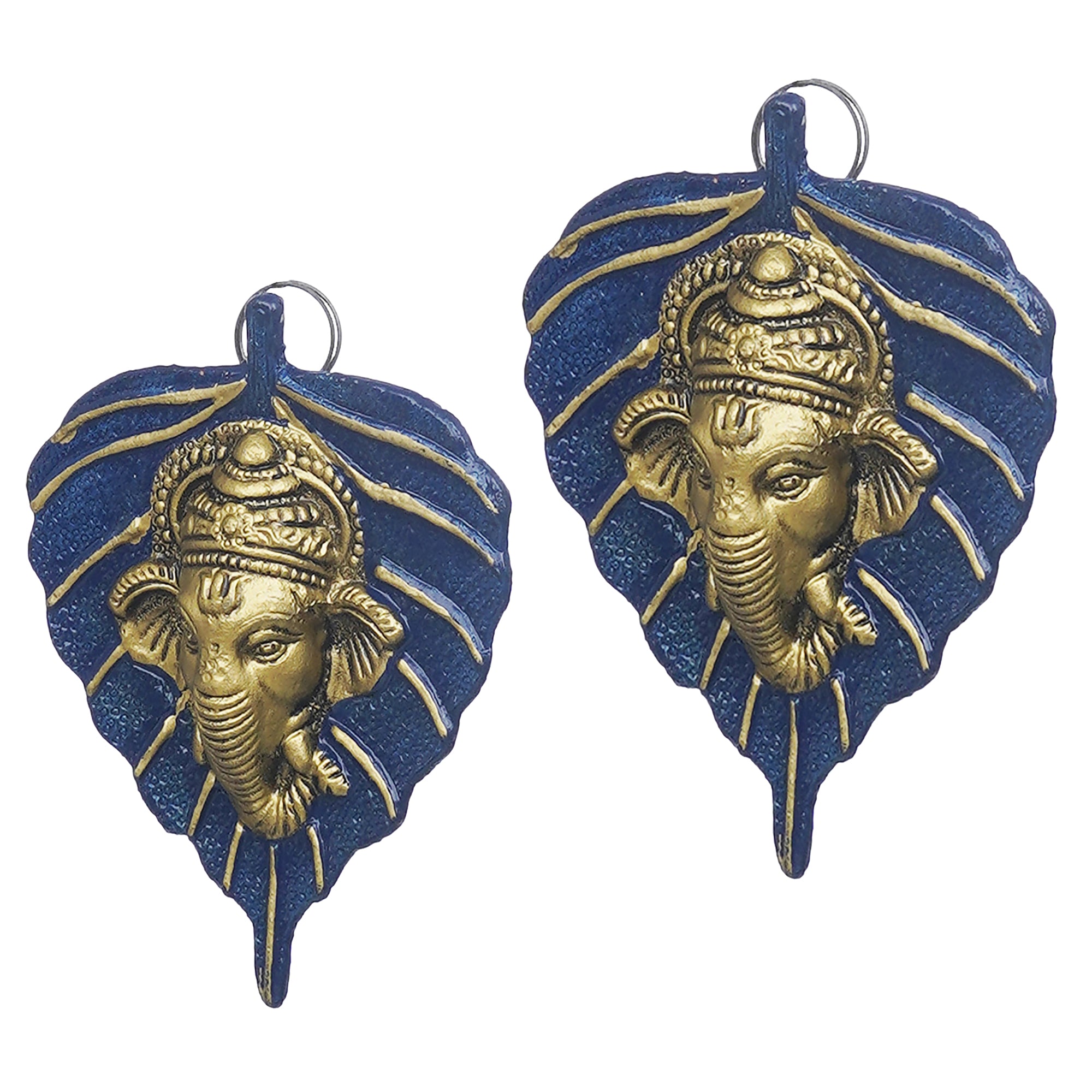 eCraftIndia Set of 2 Golden and Blue Peepal Leaf Ganesha Wall Hangings 7