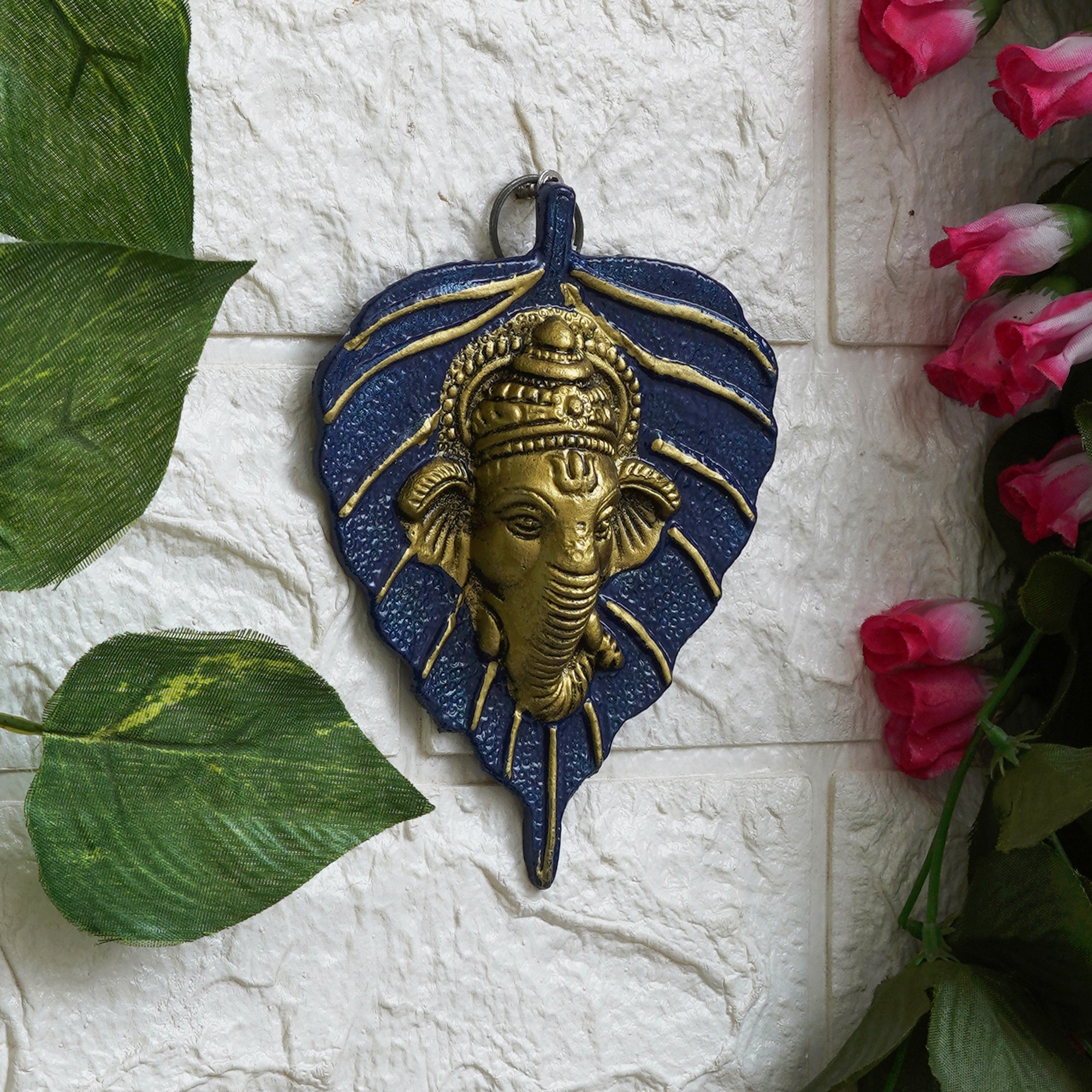 eCraftIndia Blue & Golden Lord Ganesha Face On Leaf Wall Hanging Decorative Showpiece