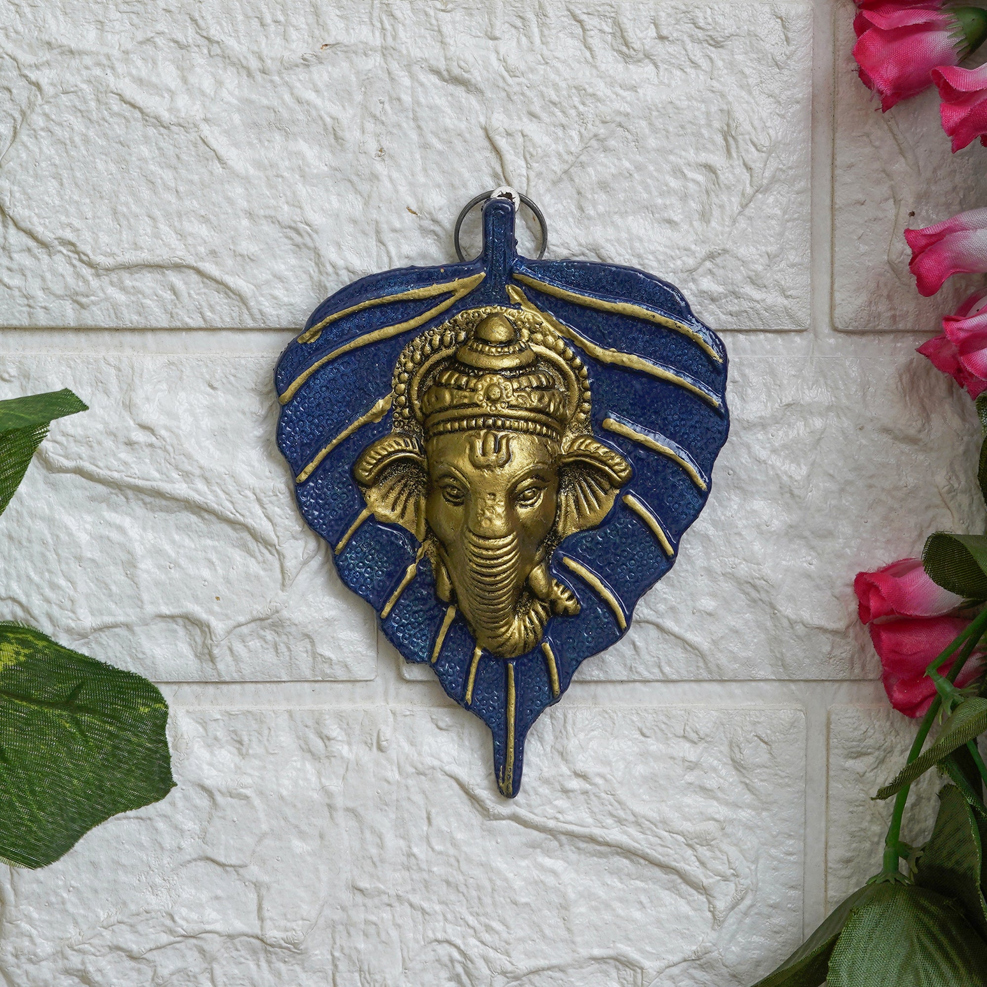 eCraftIndia Blue & Golden Lord Ganesha Face On Leaf Wall Hanging Decorative Showpiece 1