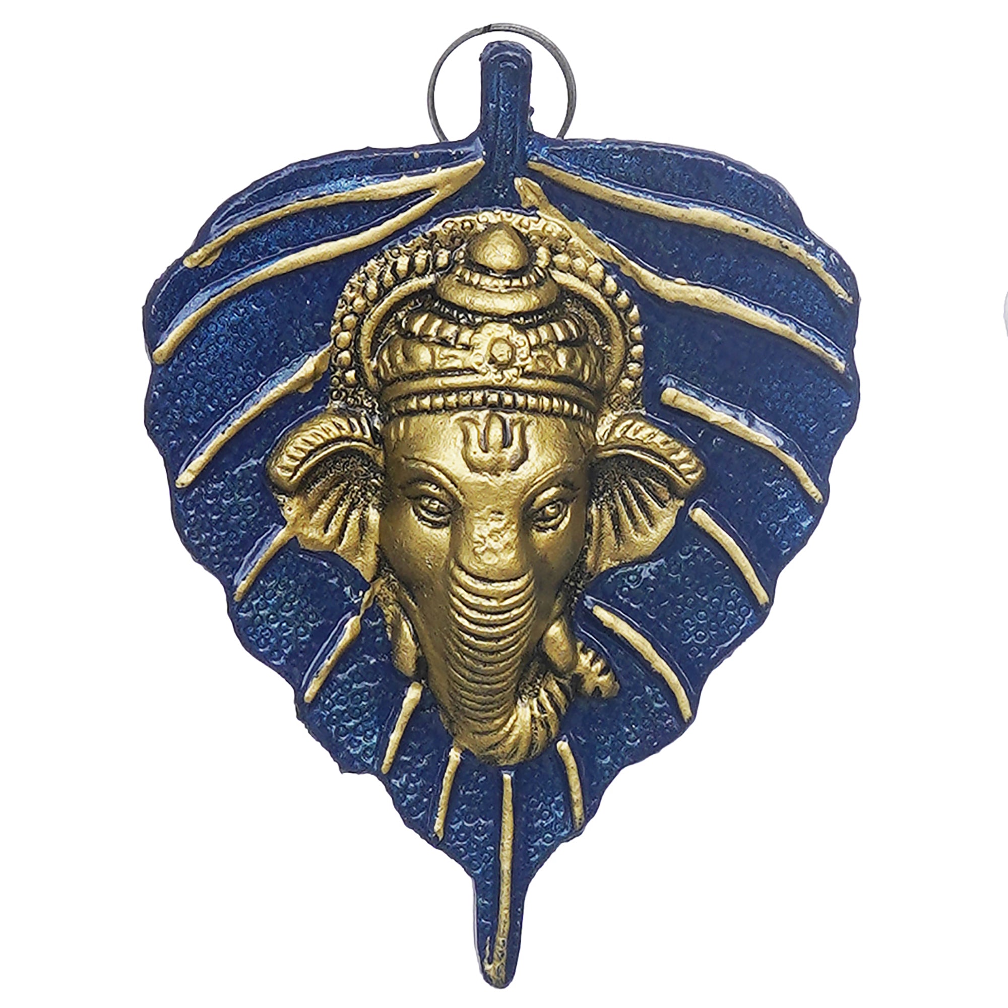 eCraftIndia Blue & Golden Lord Ganesha Face On Leaf Wall Hanging Decorative Showpiece 2