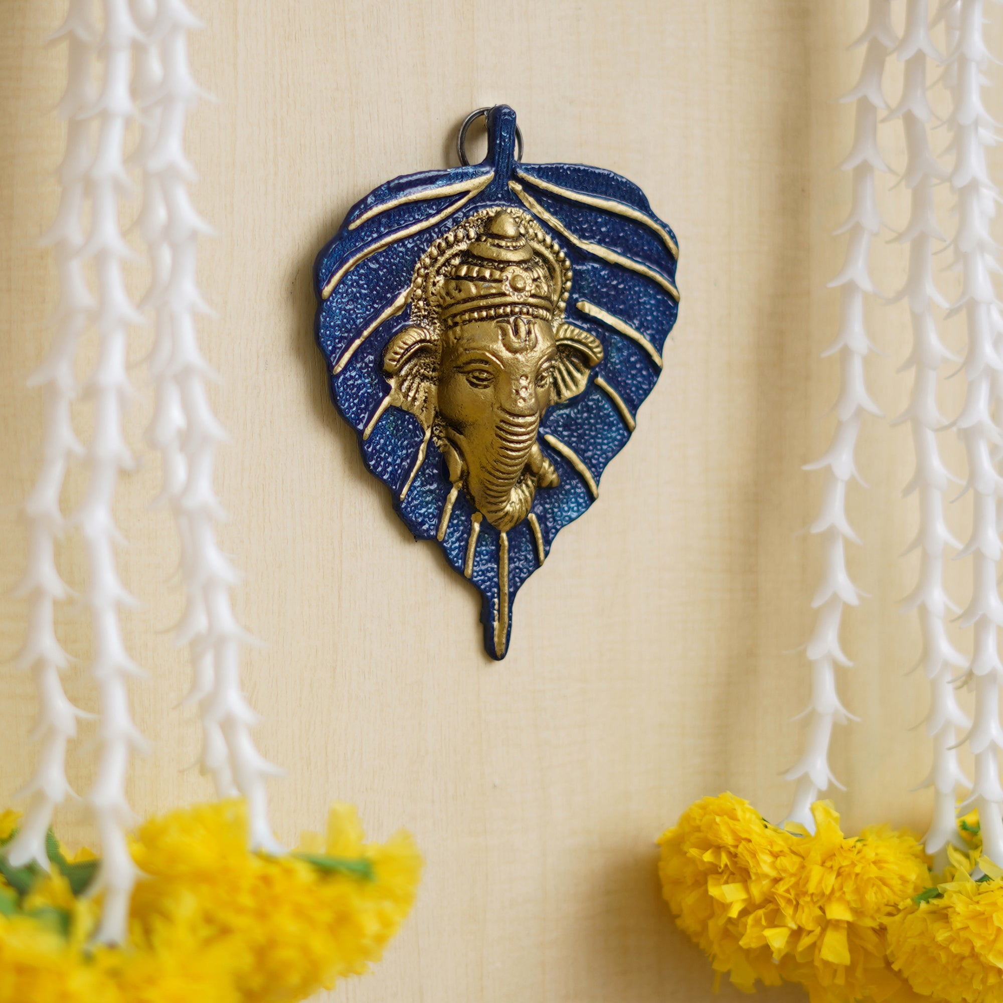 eCraftIndia Blue & Golden Lord Ganesha Face On Leaf Wall Hanging Decorative Showpiece 4