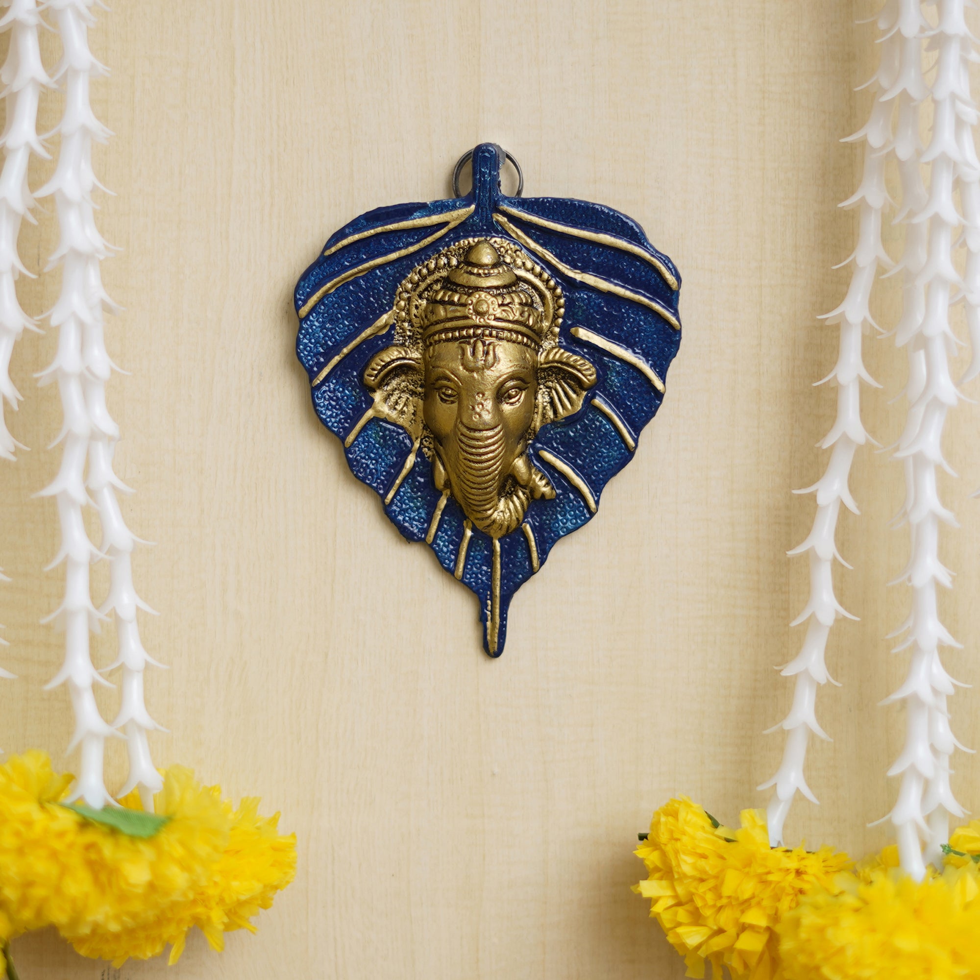 eCraftIndia Blue & Golden Lord Ganesha Face On Leaf Wall Hanging Decorative Showpiece 5