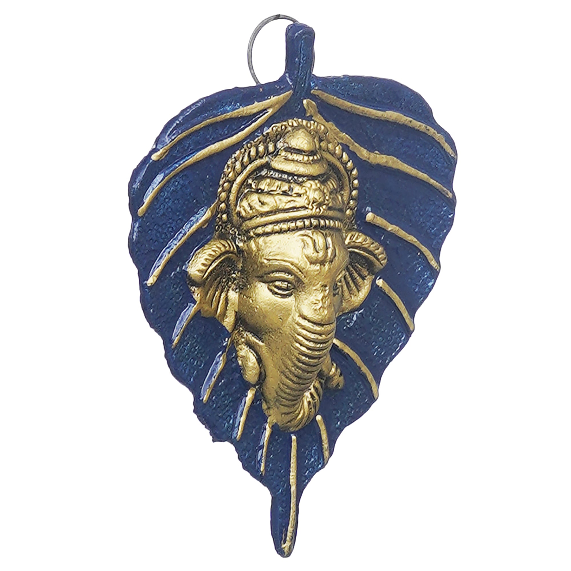 eCraftIndia Blue & Golden Lord Ganesha Face On Leaf Wall Hanging Decorative Showpiece 6