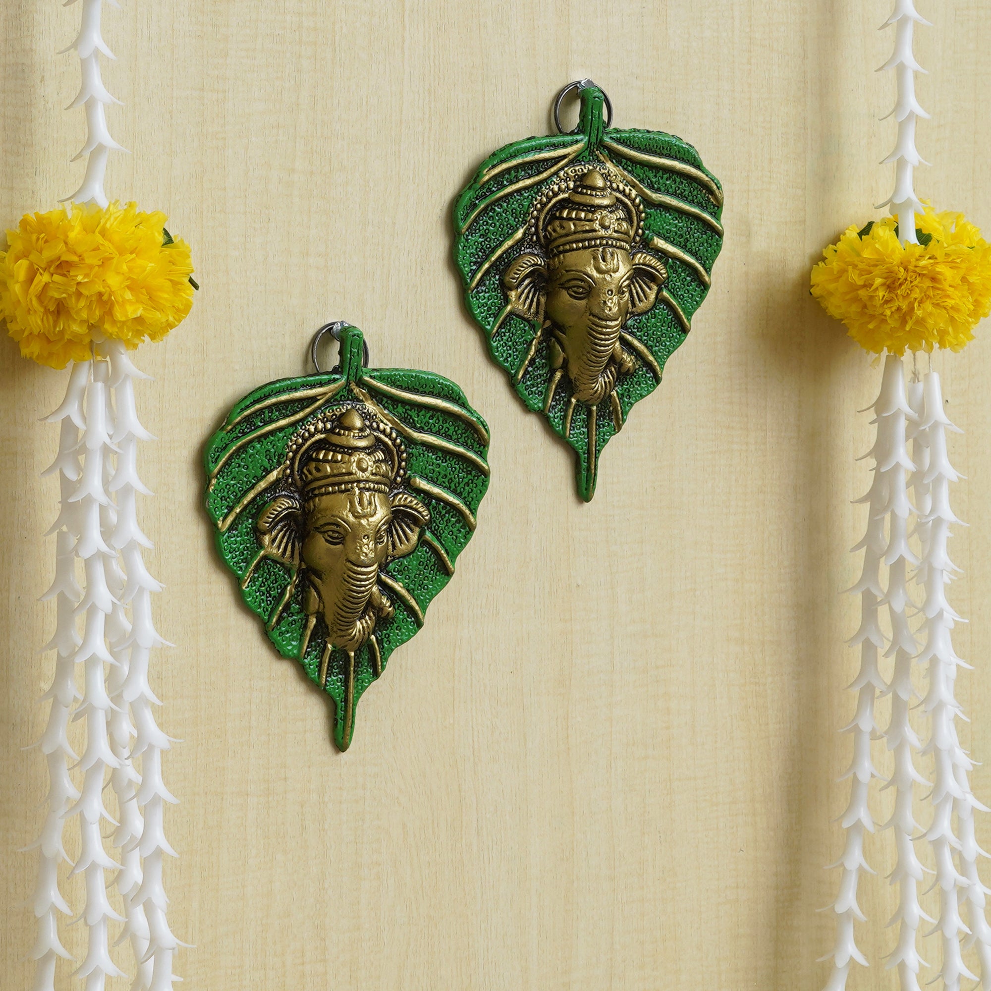 eCraftIndia Set of 2 Golden and Green Peepal Leaf Ganesha Wall Hangings