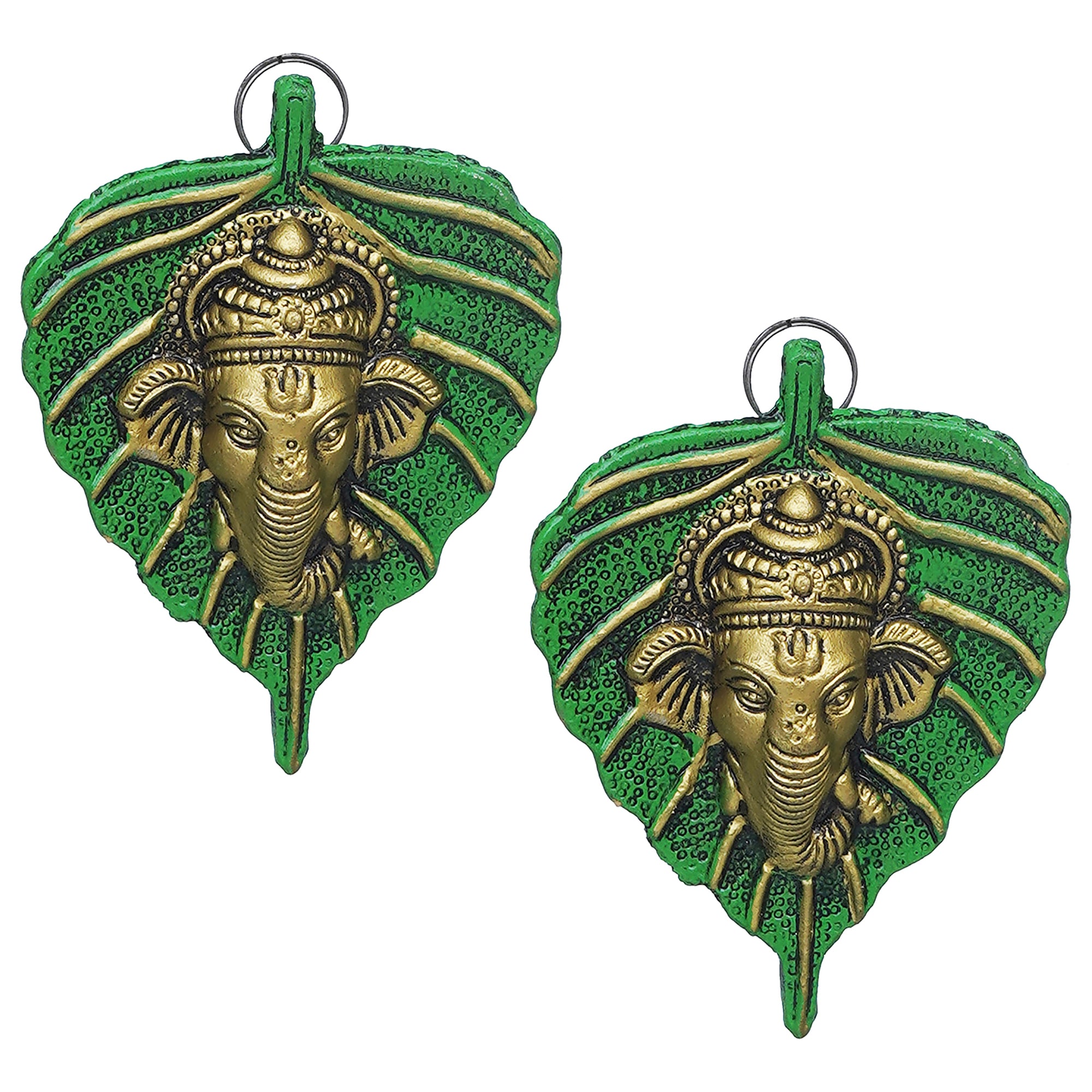 eCraftIndia Set of 2 Golden and Green Peepal Leaf Ganesha Wall Hangings 2