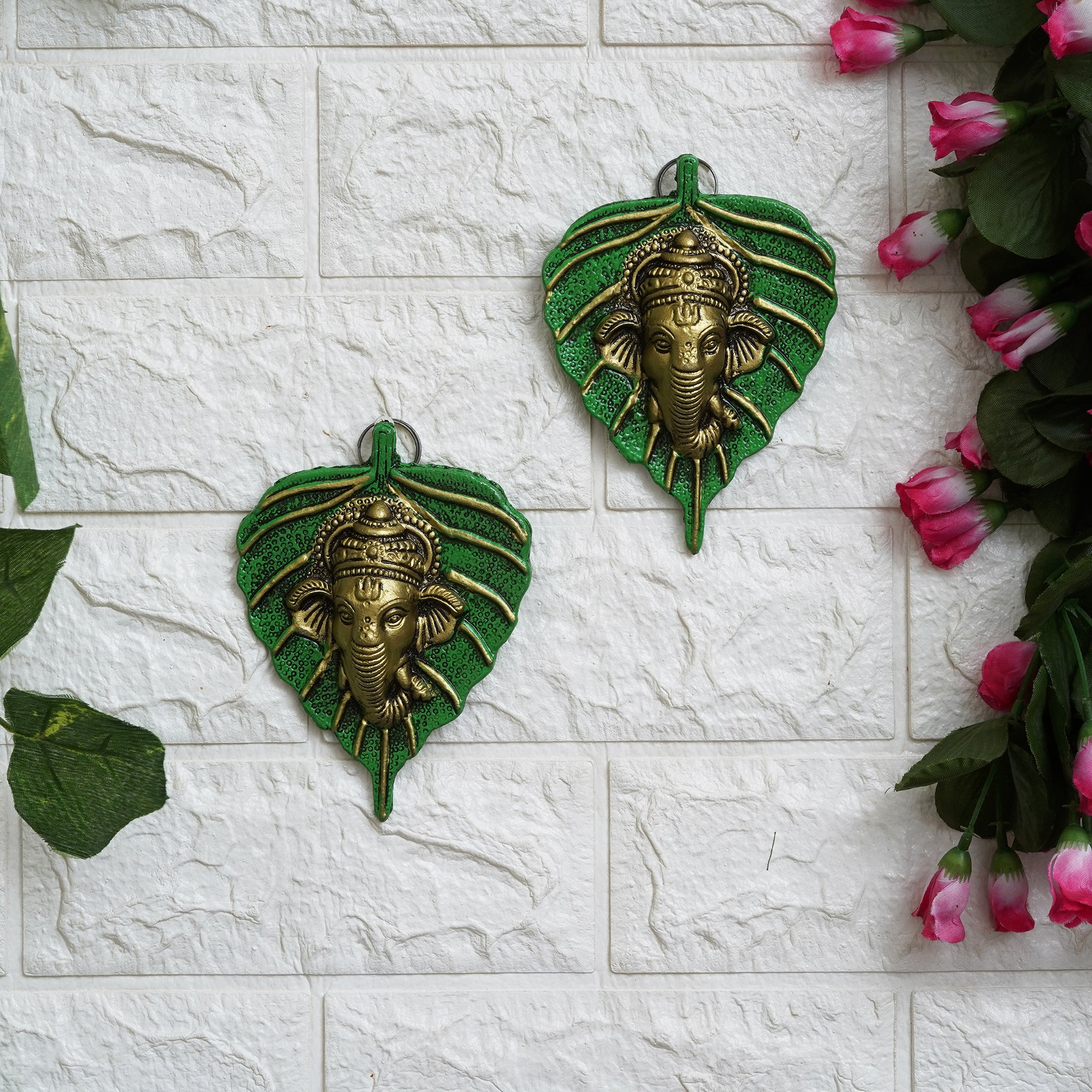 eCraftIndia Set of 2 Golden and Green Peepal Leaf Ganesha Wall Hangings 5