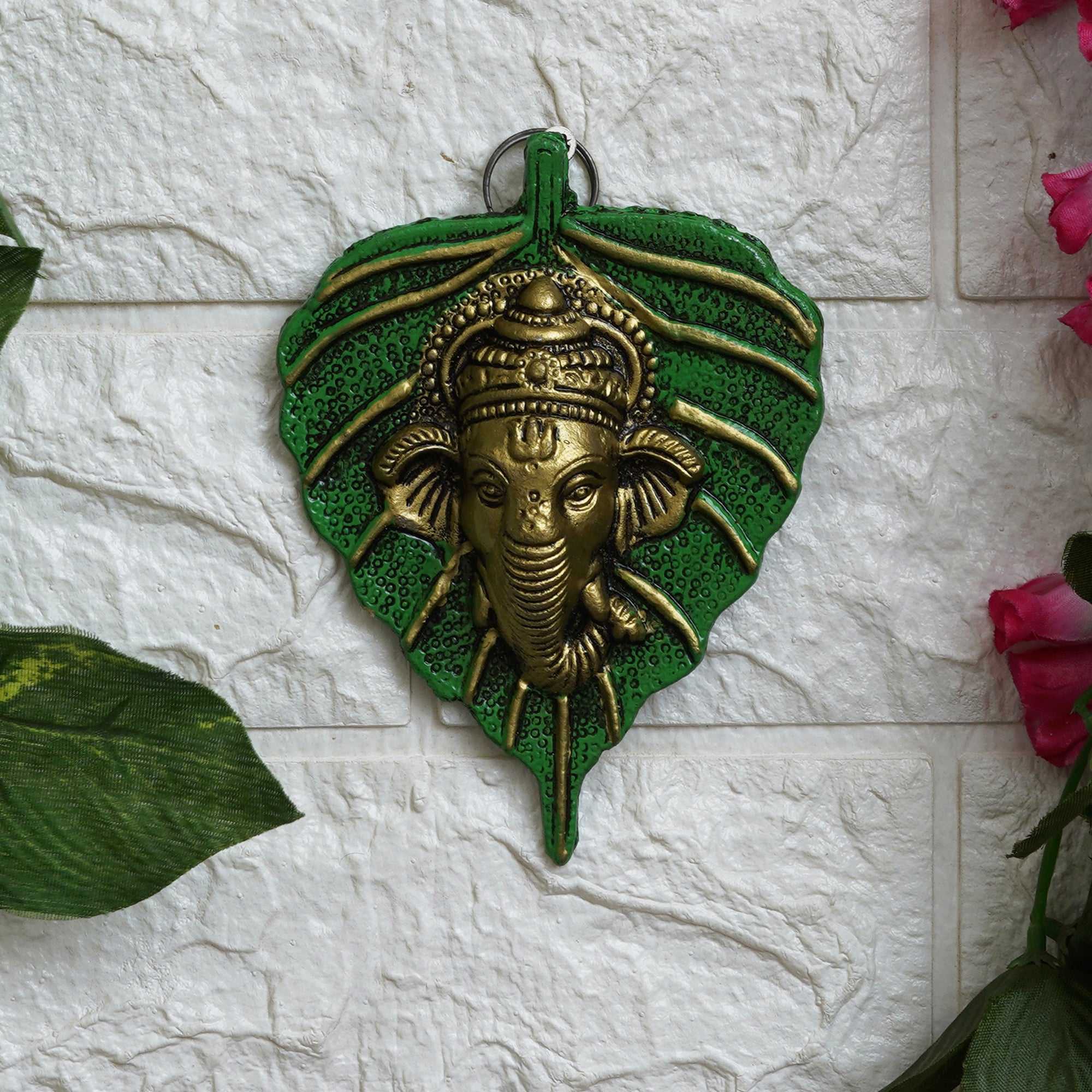 eCraftIndia Green & Golden Lord Ganesha Face On Leaf Wall Hanging Decorative Showpiece