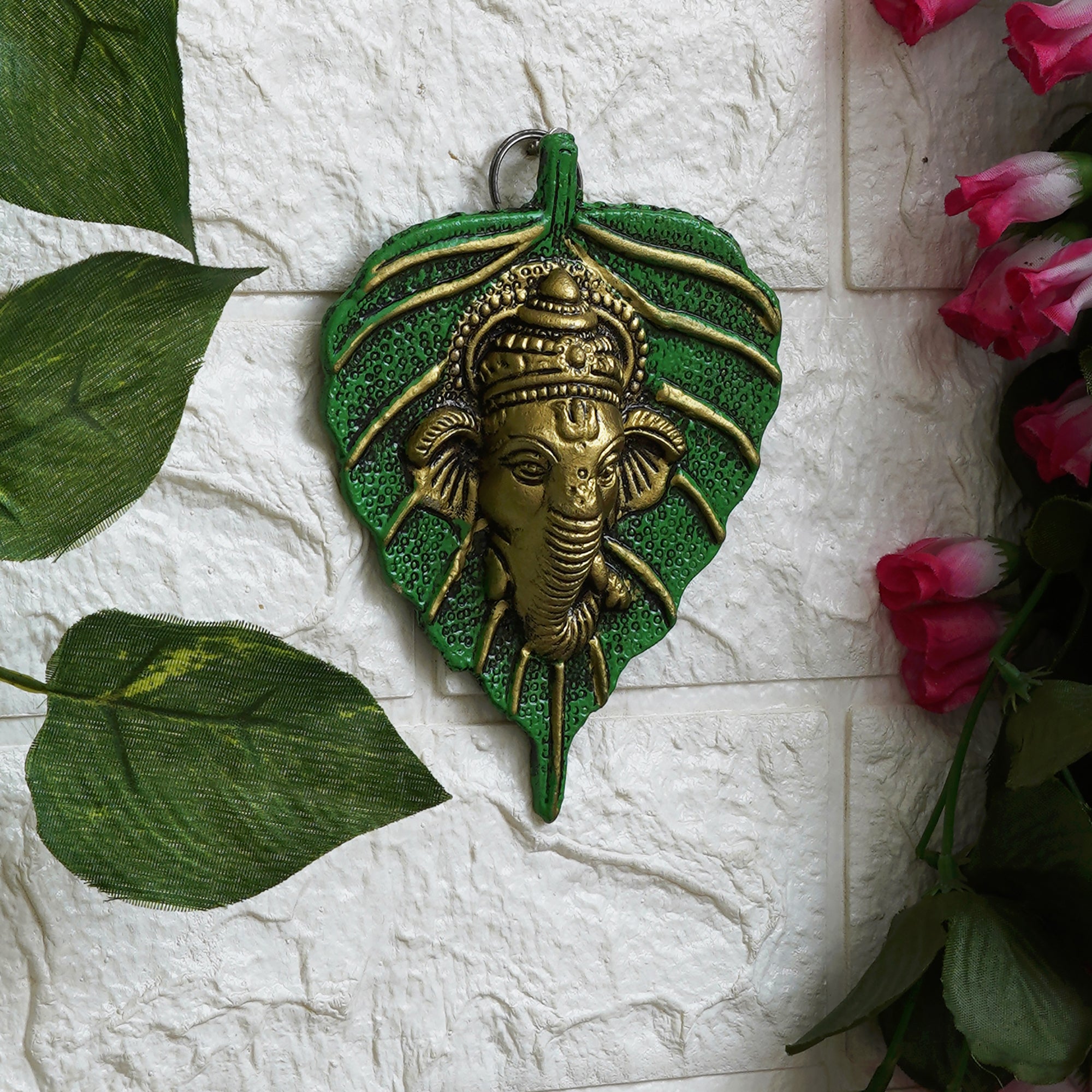 eCraftIndia Green & Golden Lord Ganesha Face On Leaf Wall Hanging Decorative Showpiece 1