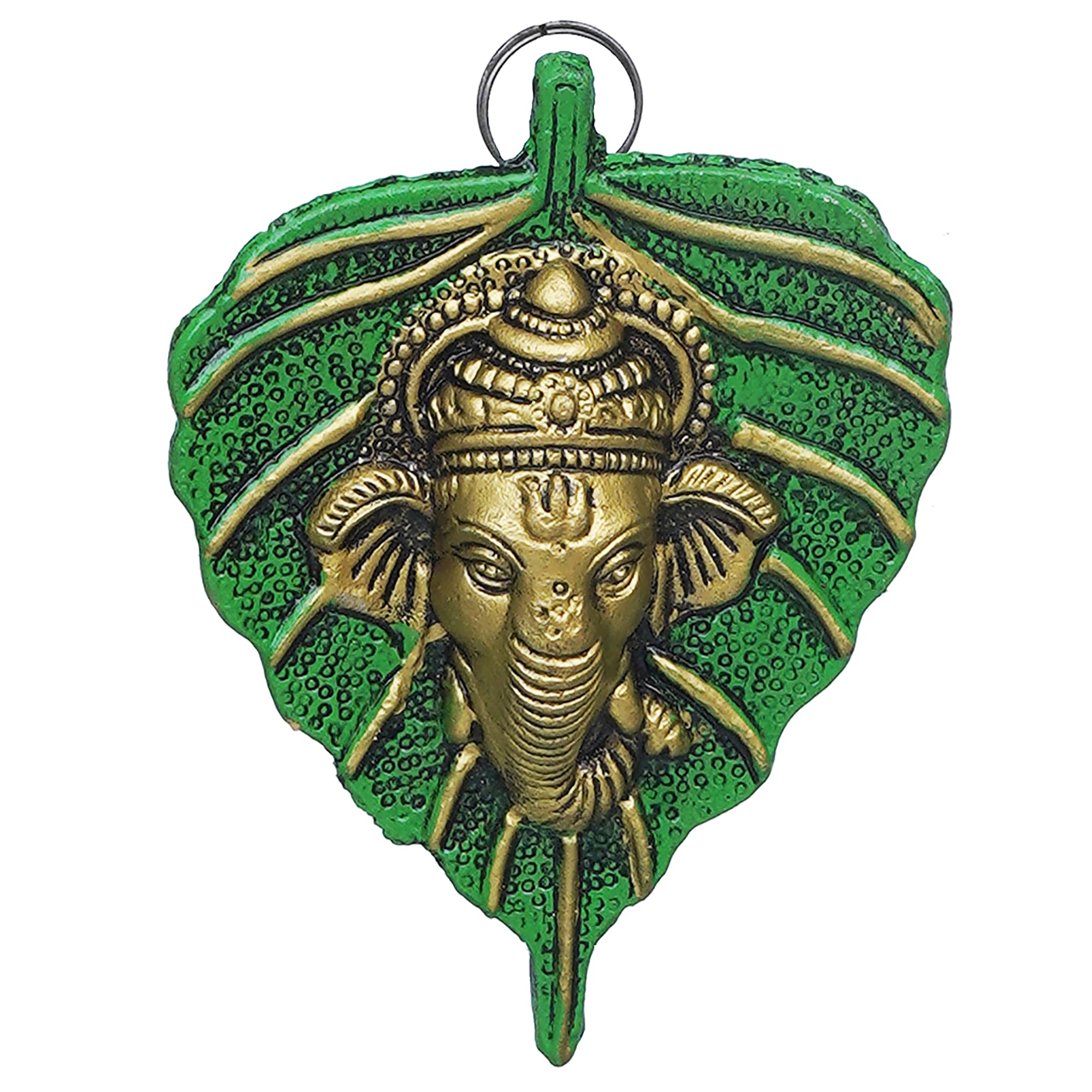 eCraftIndia Green & Golden Lord Ganesha Face On Leaf Wall Hanging Decorative Showpiece 2