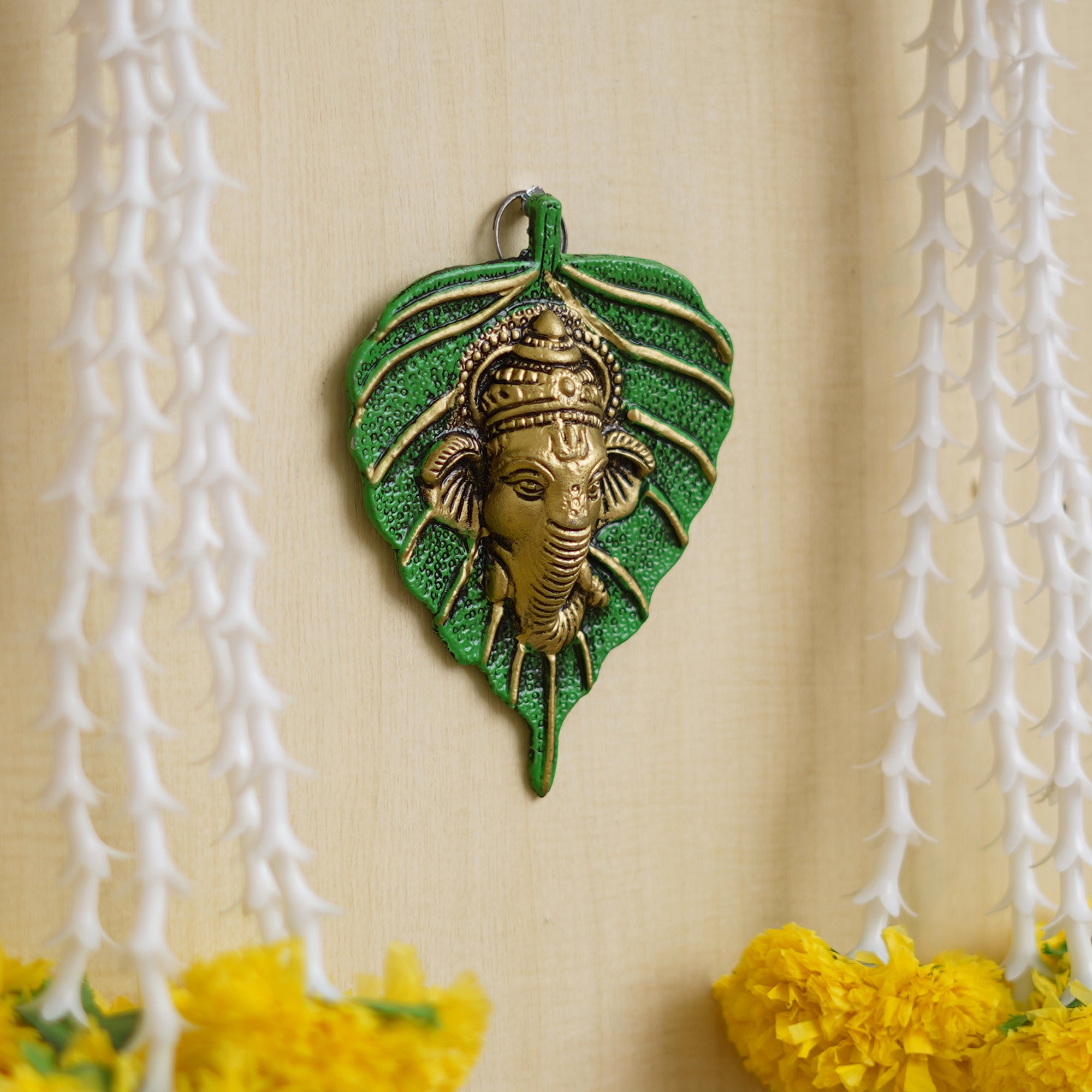 eCraftIndia Green & Golden Lord Ganesha Face On Leaf Wall Hanging Decorative Showpiece 4