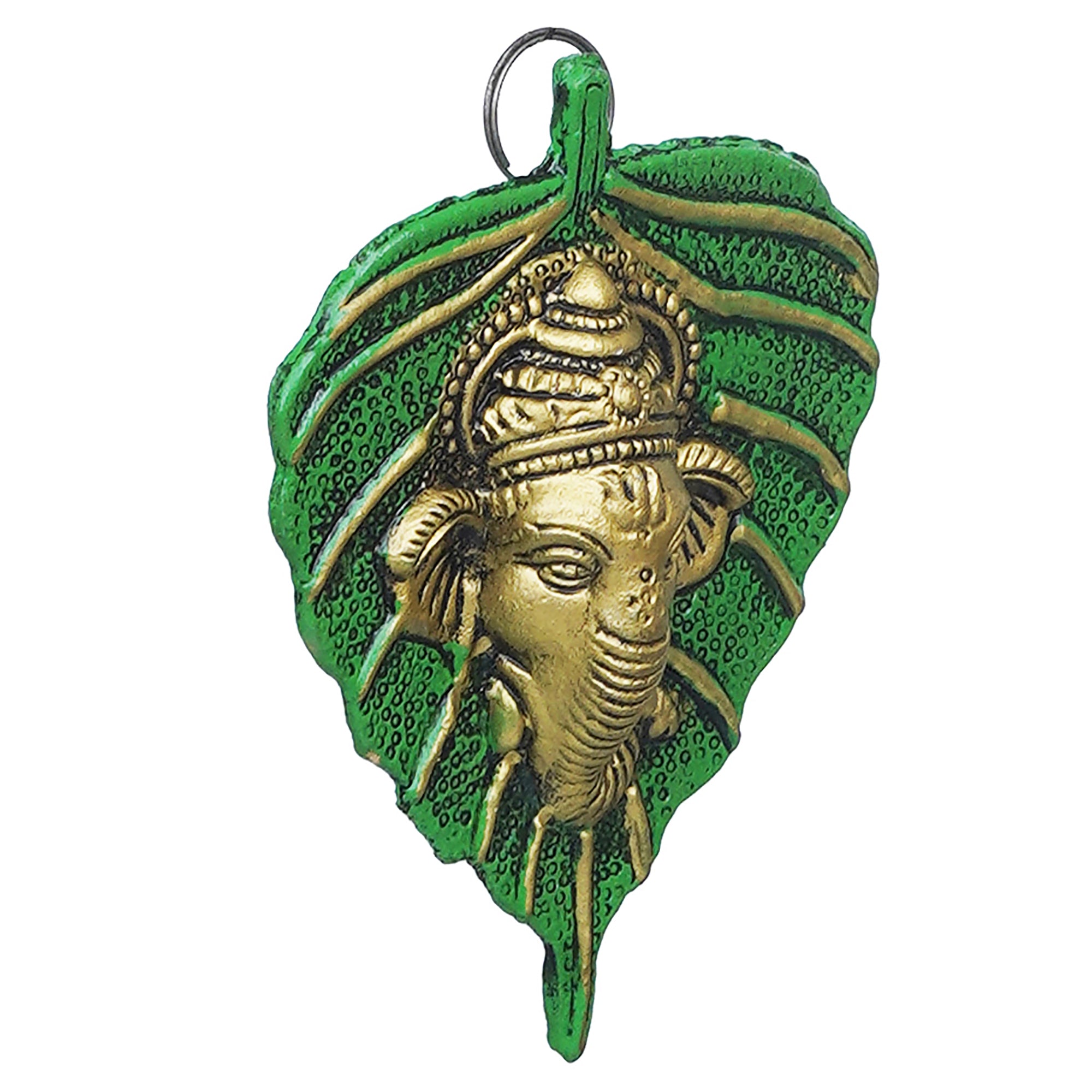 eCraftIndia Green & Golden Lord Ganesha Face On Leaf Wall Hanging Decorative Showpiece 6