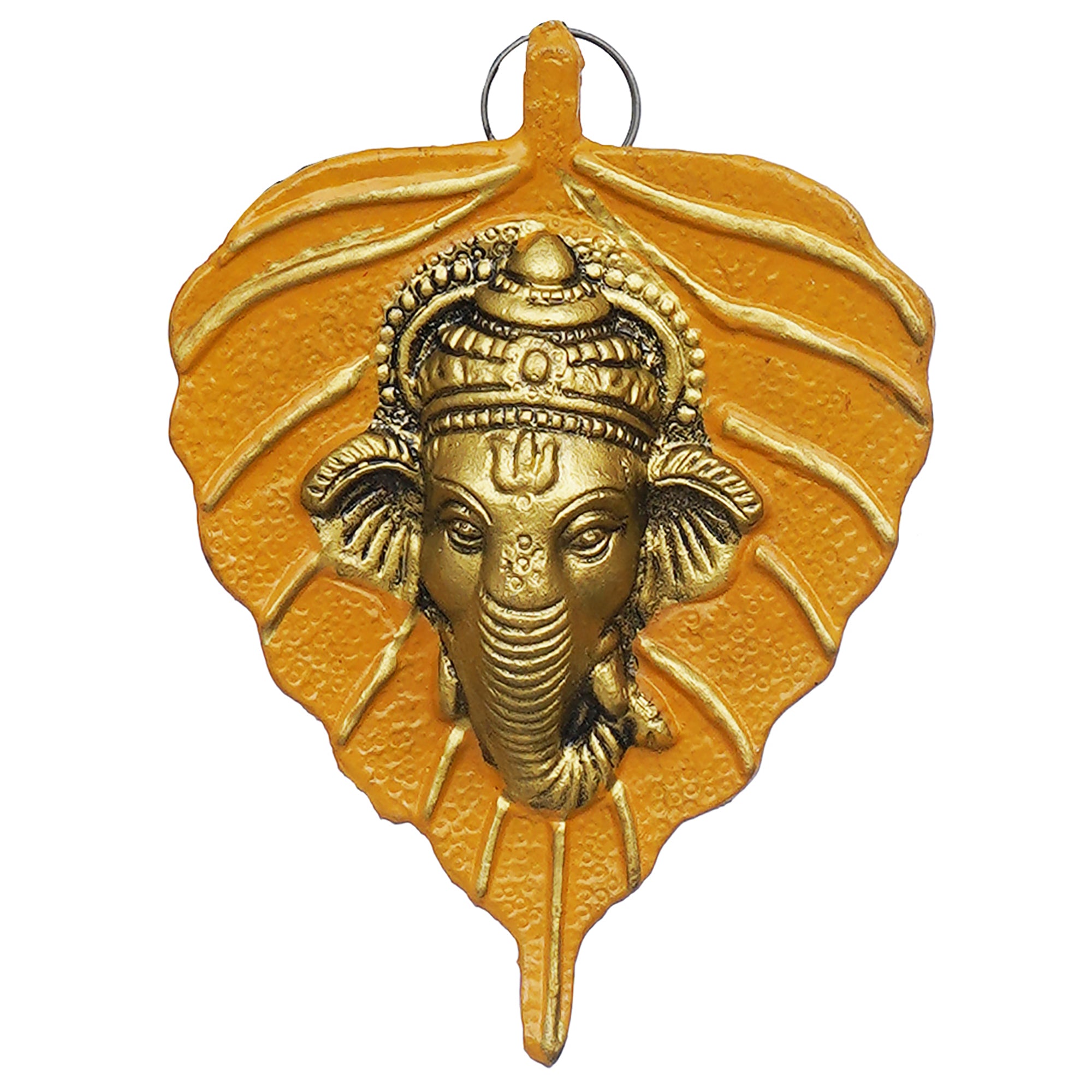 eCraftIndia Yellow & Golden Lord Ganesha Face On Leaf Wall Hanging Decorative Showpiece 2