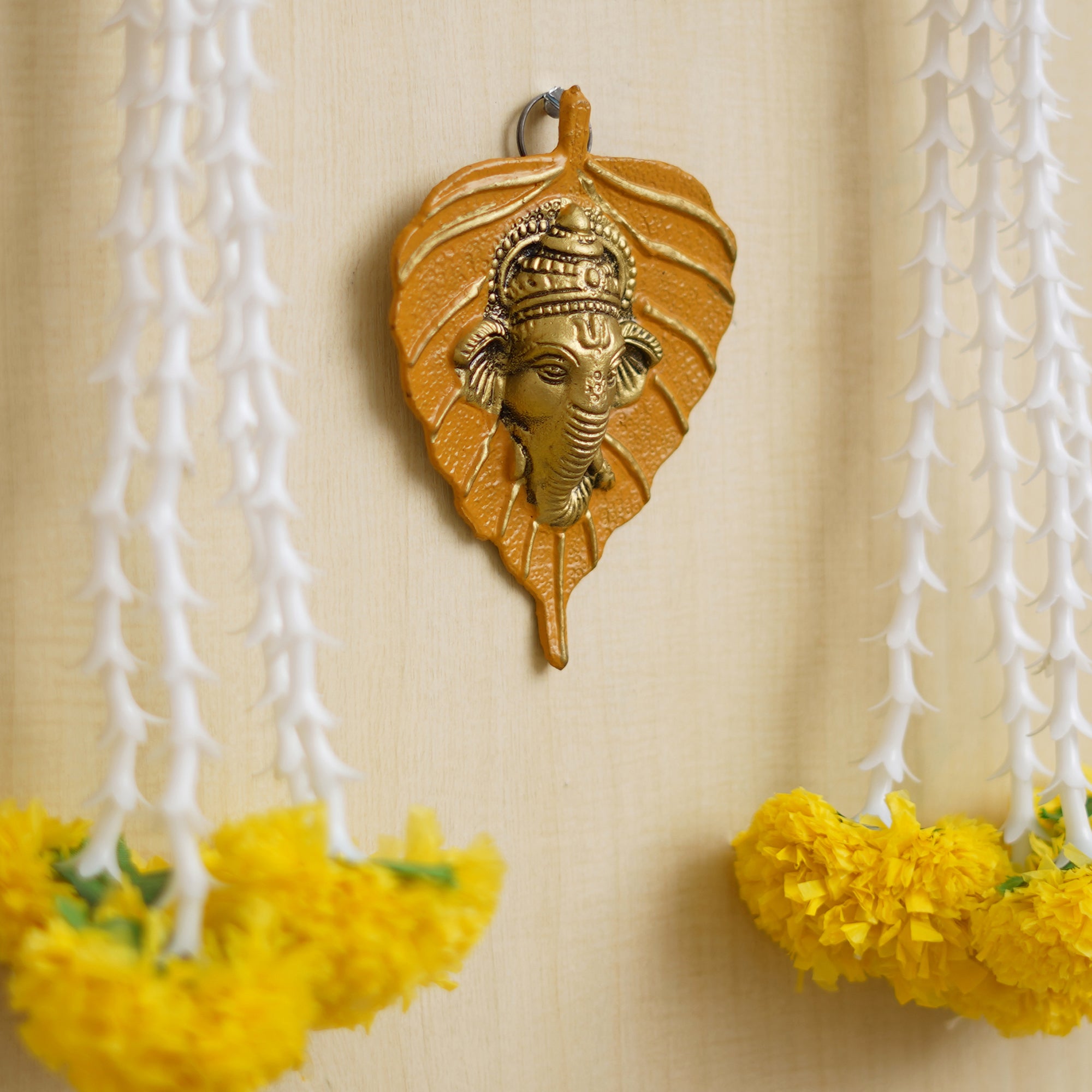 eCraftIndia Yellow & Golden Lord Ganesha Face On Leaf Wall Hanging Decorative Showpiece 4