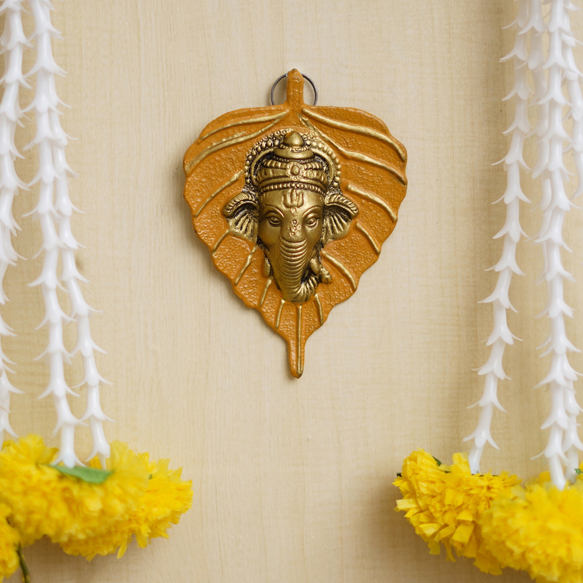 eCraftIndia Yellow & Golden Lord Ganesha Face On Leaf Wall Hanging Decorative Showpiece 5