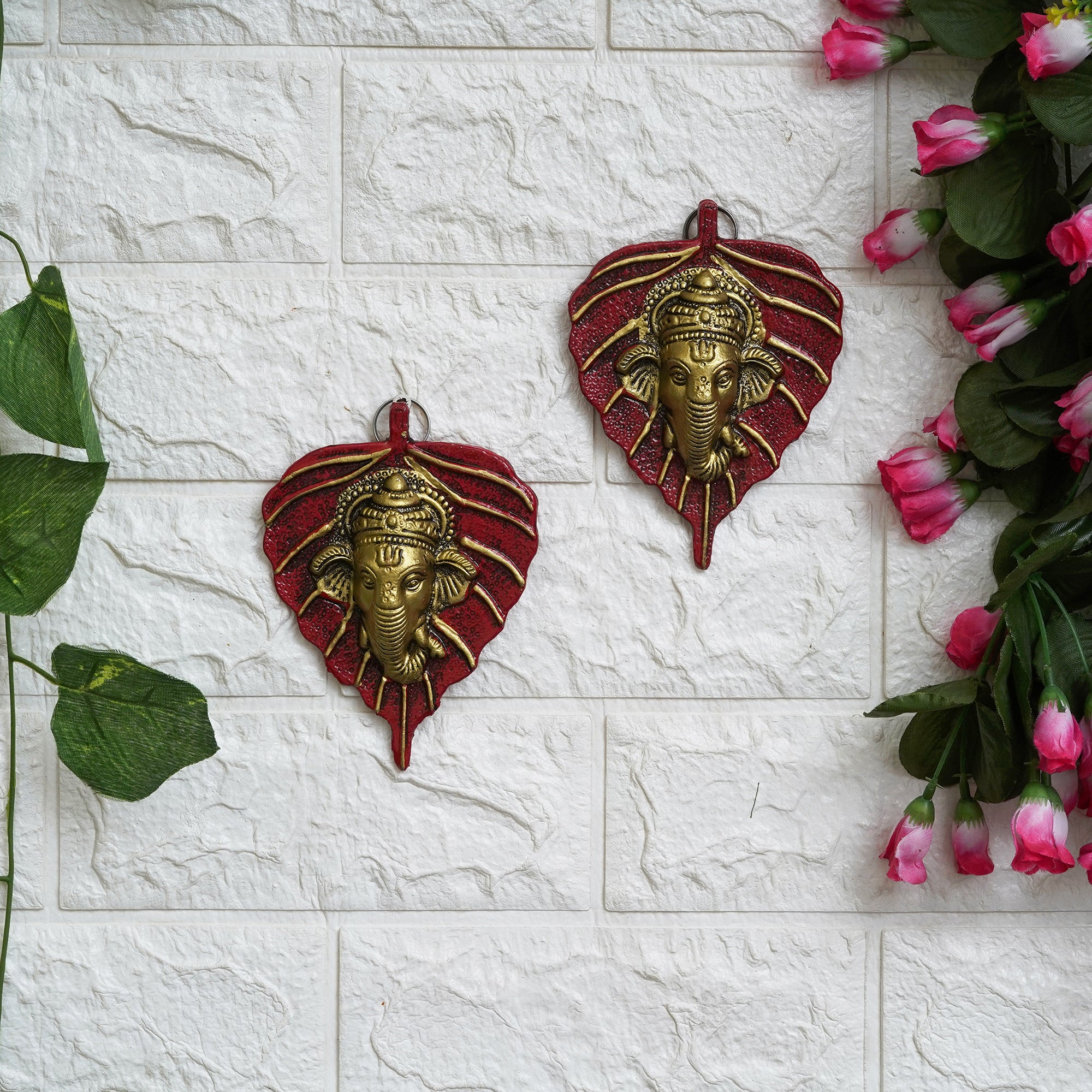 eCraftIndia Set of 2 Golden and Red Peepal Leaf Ganesha Wall Hangings