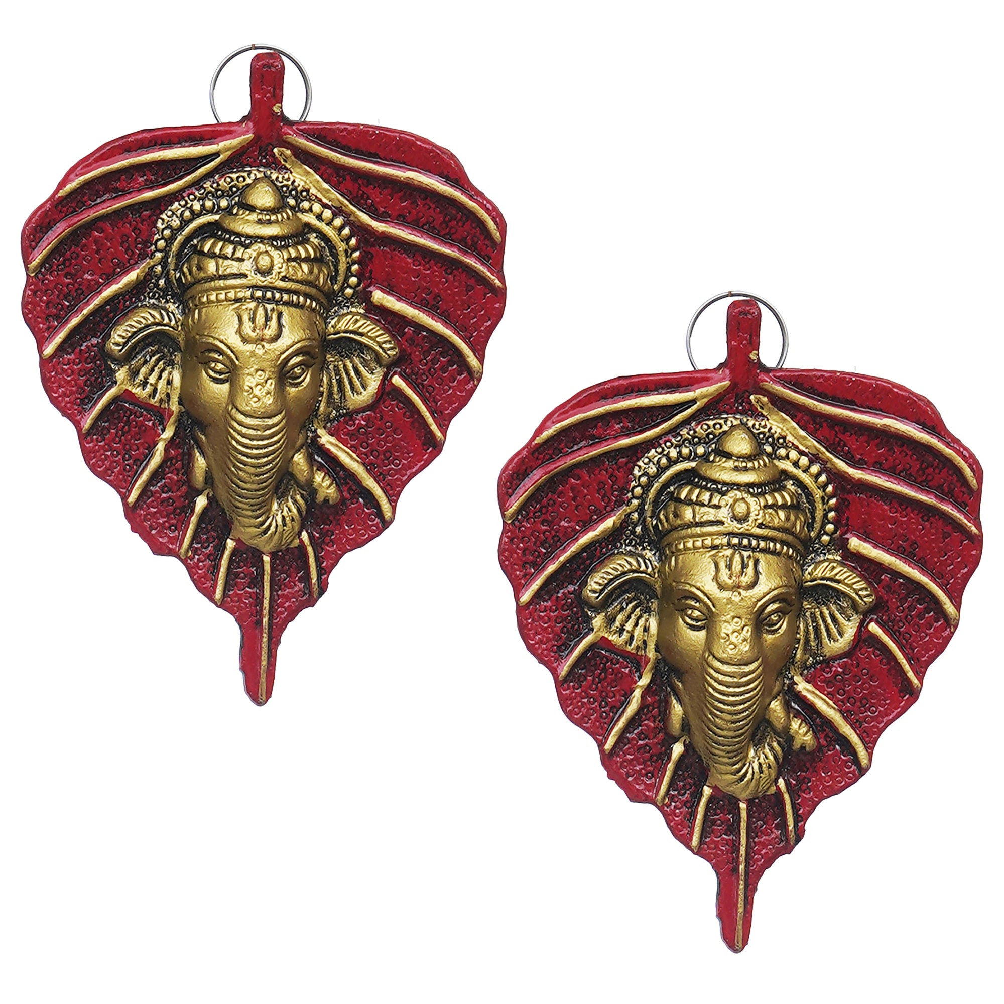 eCraftIndia Set of 2 Golden and Red Peepal Leaf Ganesha Wall Hangings 2