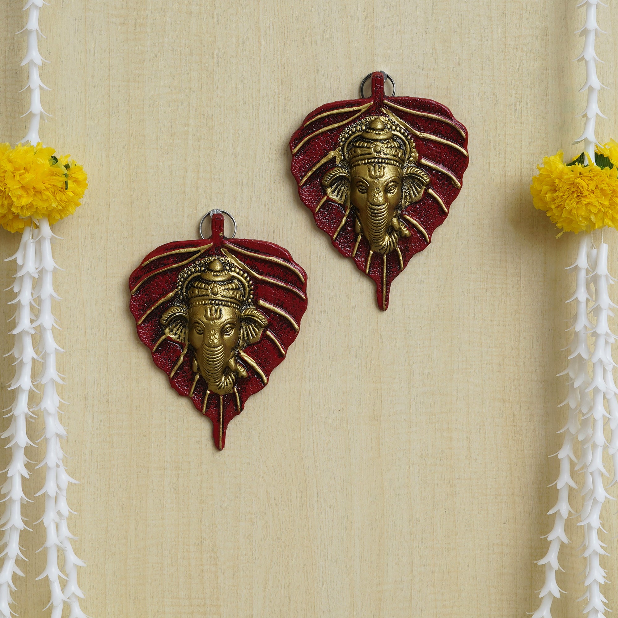 eCraftIndia Set of 2 Golden and Red Peepal Leaf Ganesha Wall Hangings 5